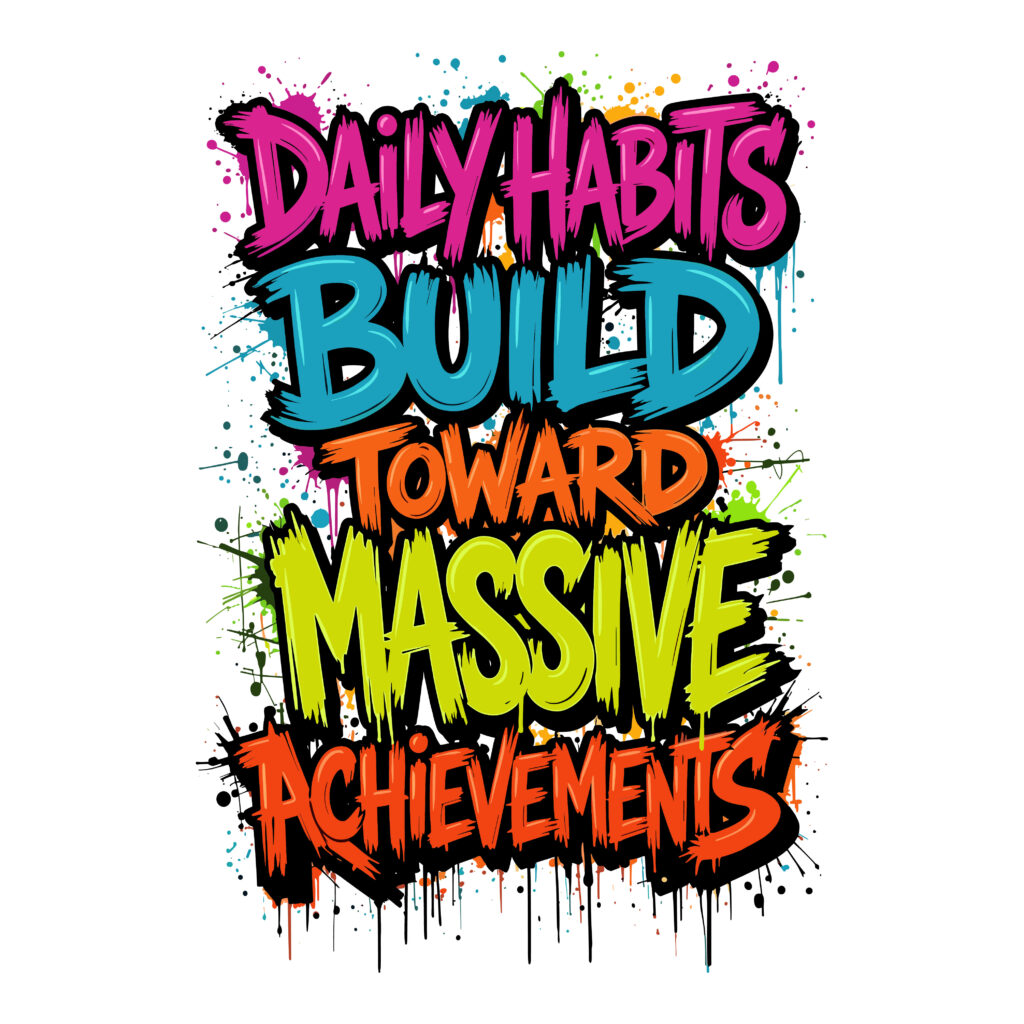 Motivational typography SVG featuring colorful graffiti text Daily Habits Build Toward Massive Achievements for custom apparel.