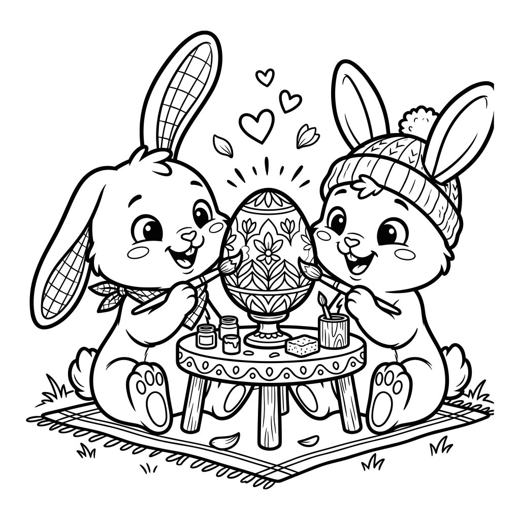 Black and white line art illustration of two cute Easter bunnies painting a large decorated egg.
