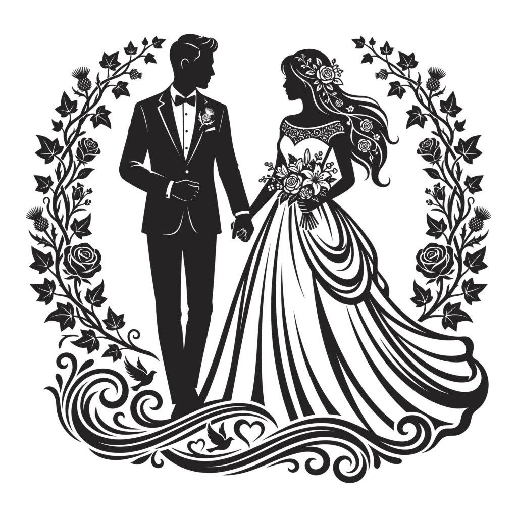Wedding silhouette vector featuring an elegant bride and groom holding hands inside a beautiful floral wreath design