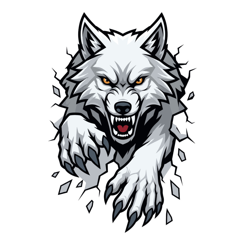 Fierce white wolf with glowing orange eyes breaking through a shattered stone wall graphic illustration