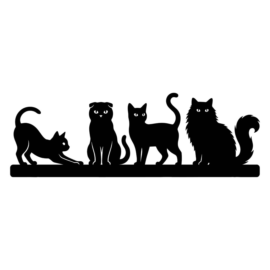 Four black cat silhouette svg vectors in stretching, sitting, and standing poses.
