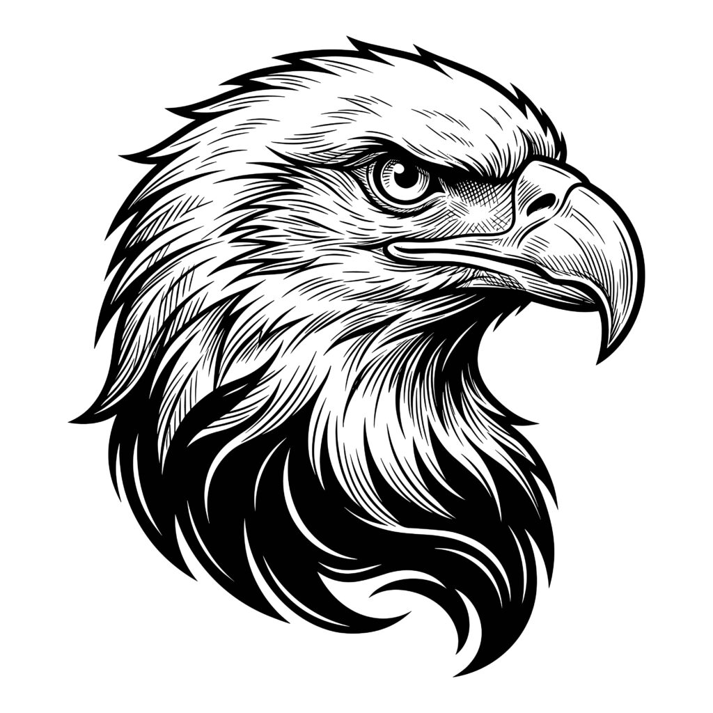 Black and white detailed line art illustration of a bald eagle head in profile.