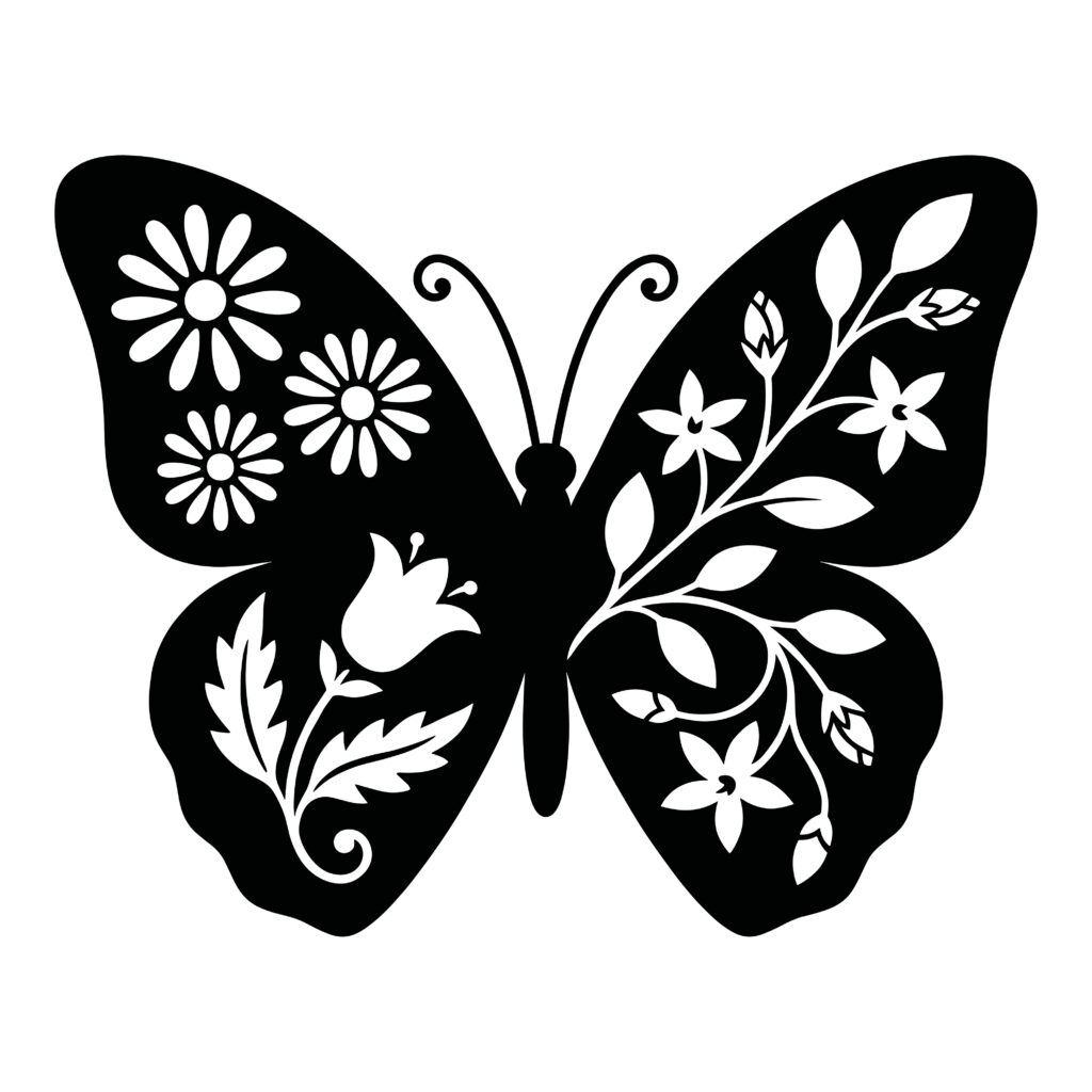 Black silhouette of a butterfly with intricate white floral and leaf cutout patterns on its wings.