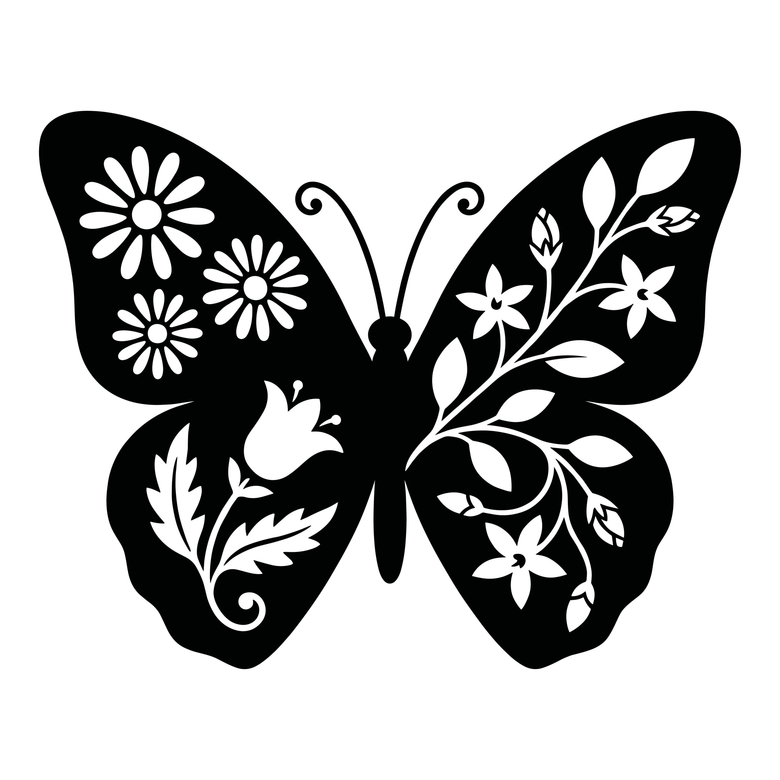 Black silhouette of a butterfly with intricate white floral and leaf cutout patterns on its wings.