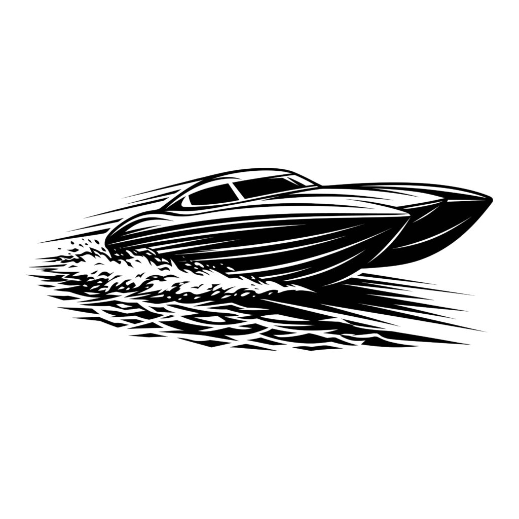 Free speedboat svg vector illustration in black and white racing on the water.