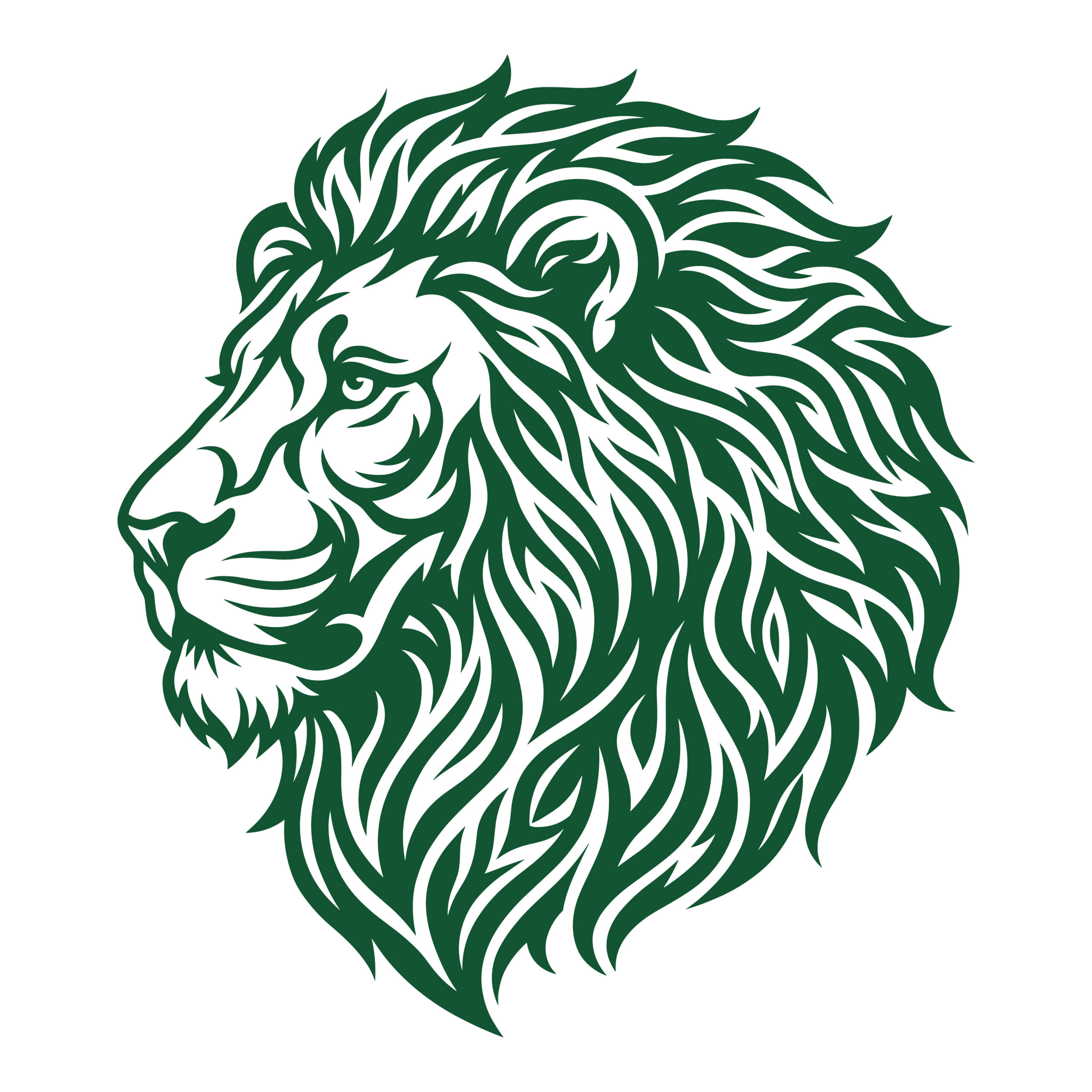 A fierce tribal lion head silhouette vector artwork in green, designed for Cricut and laser cutting