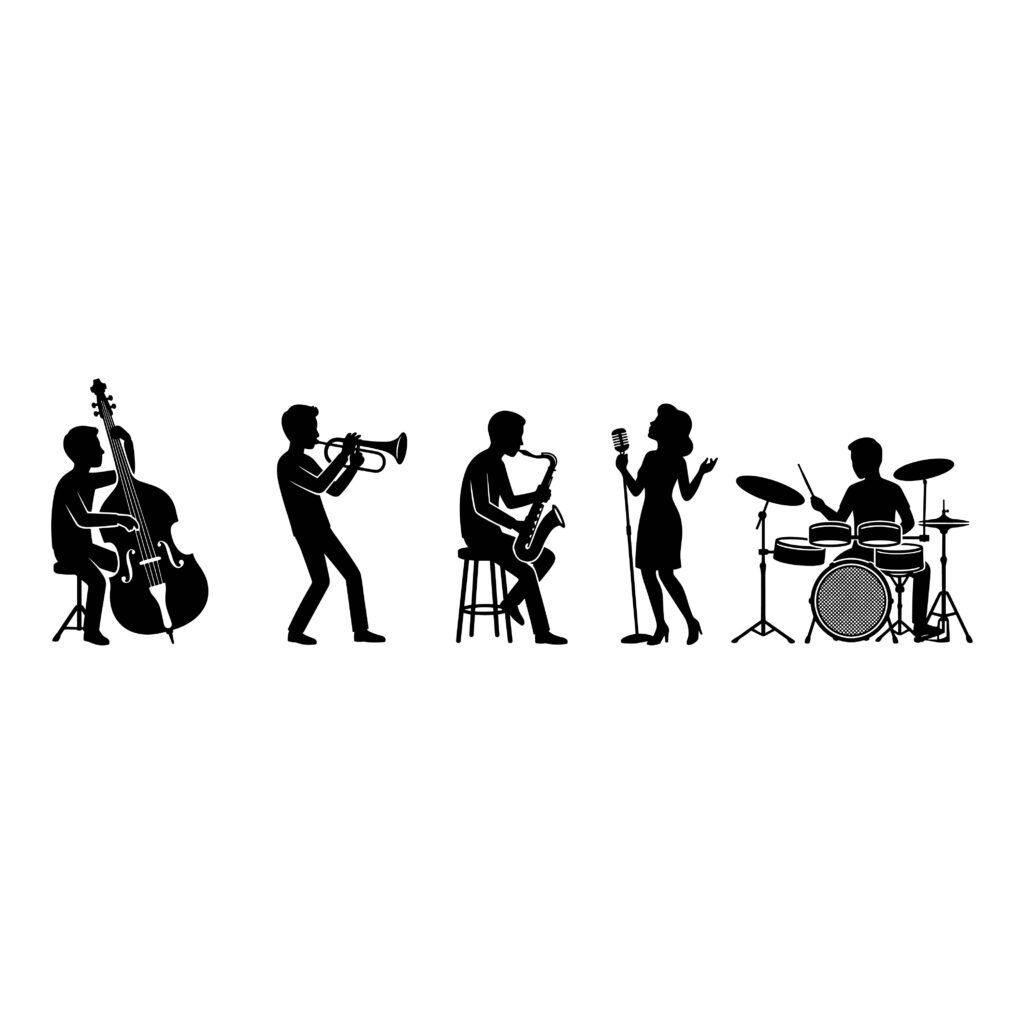 Black silhouette of a five piece jazz band featuring a double bass player trumpet player saxophone player female singer and drummer against a white background