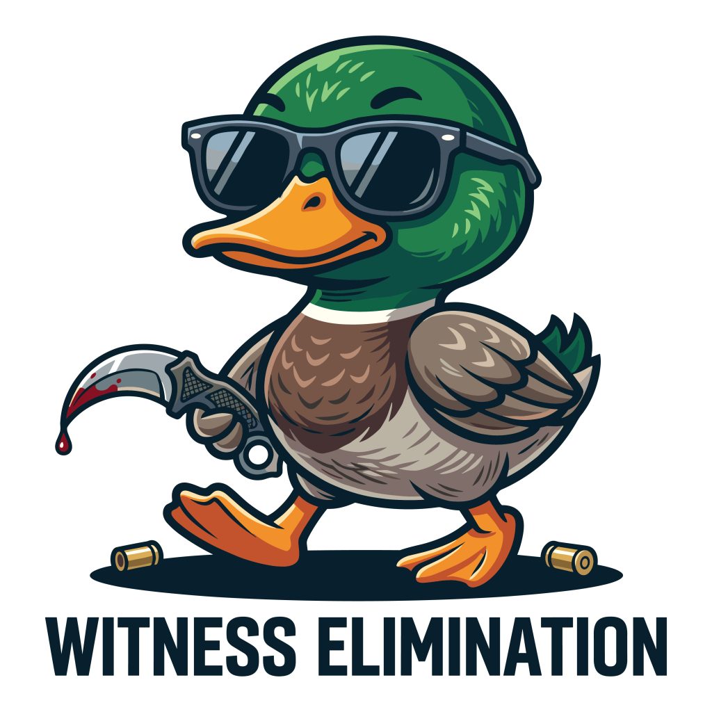 Badass Duck SVG featuring a funny cartoon duck wearing sunglasses and holding a knife with Witness Elimination text