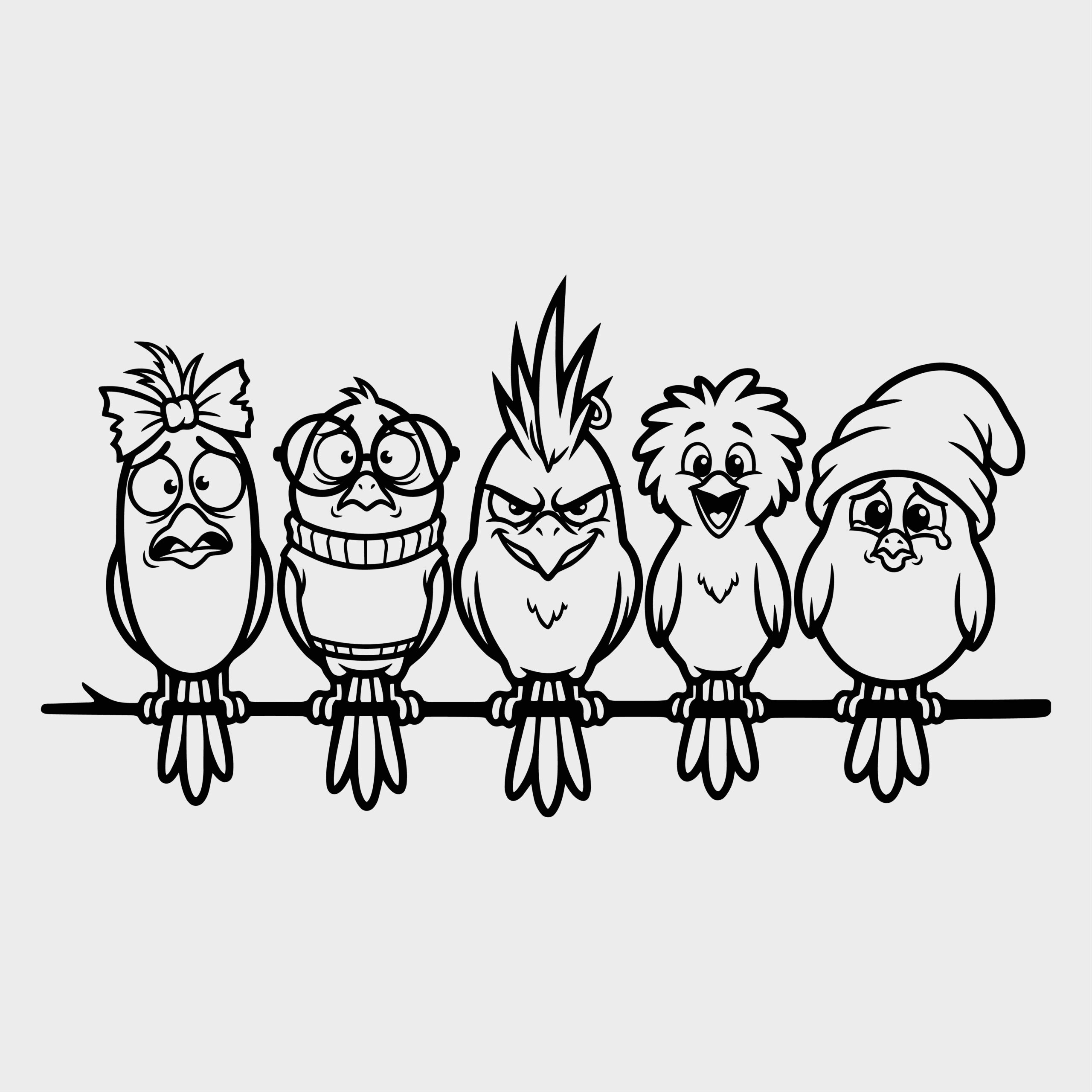 Black and white outline vector illustration of five funny cartoon birds with different expressions sitting together on a branch.