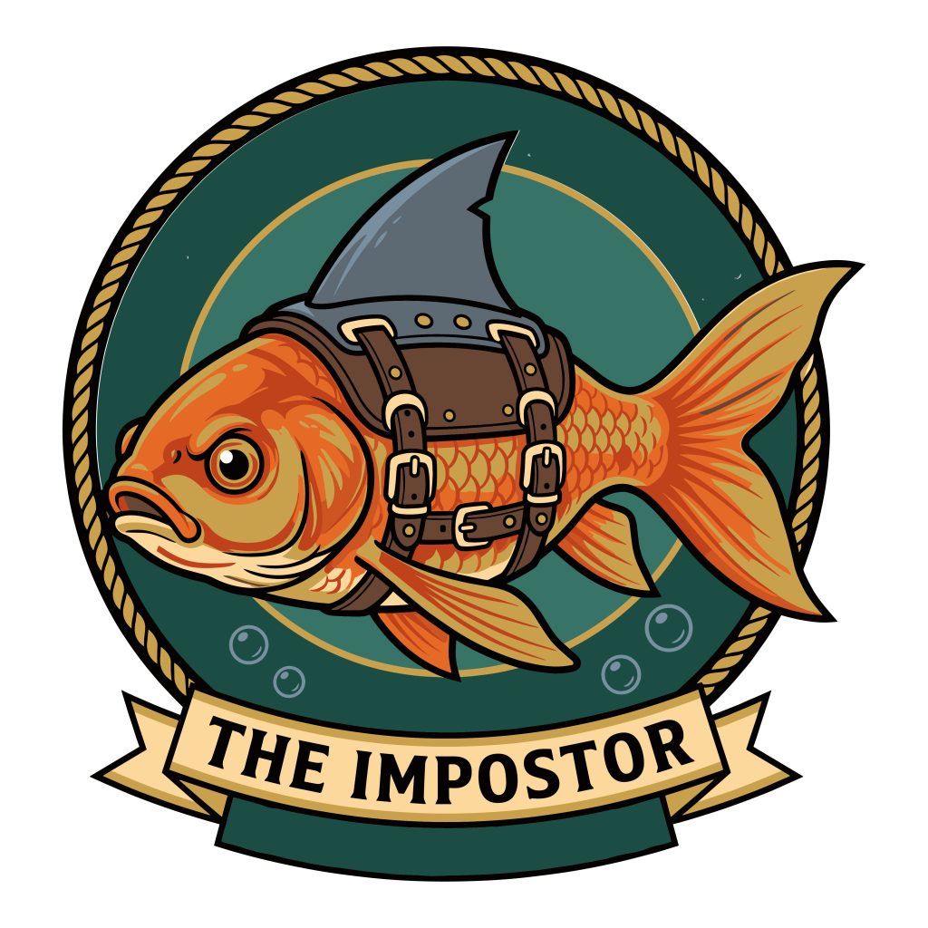 Humorous illustration of a goldfish wearing a leather harness with a fake shark fin, enclosed in a green circle with the text The Impostor.