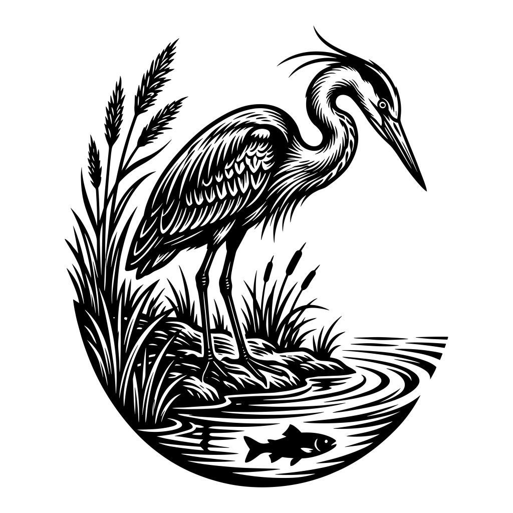 Black and white vector illustration of a Great Blue Heron fishing in a marsh with cattails.