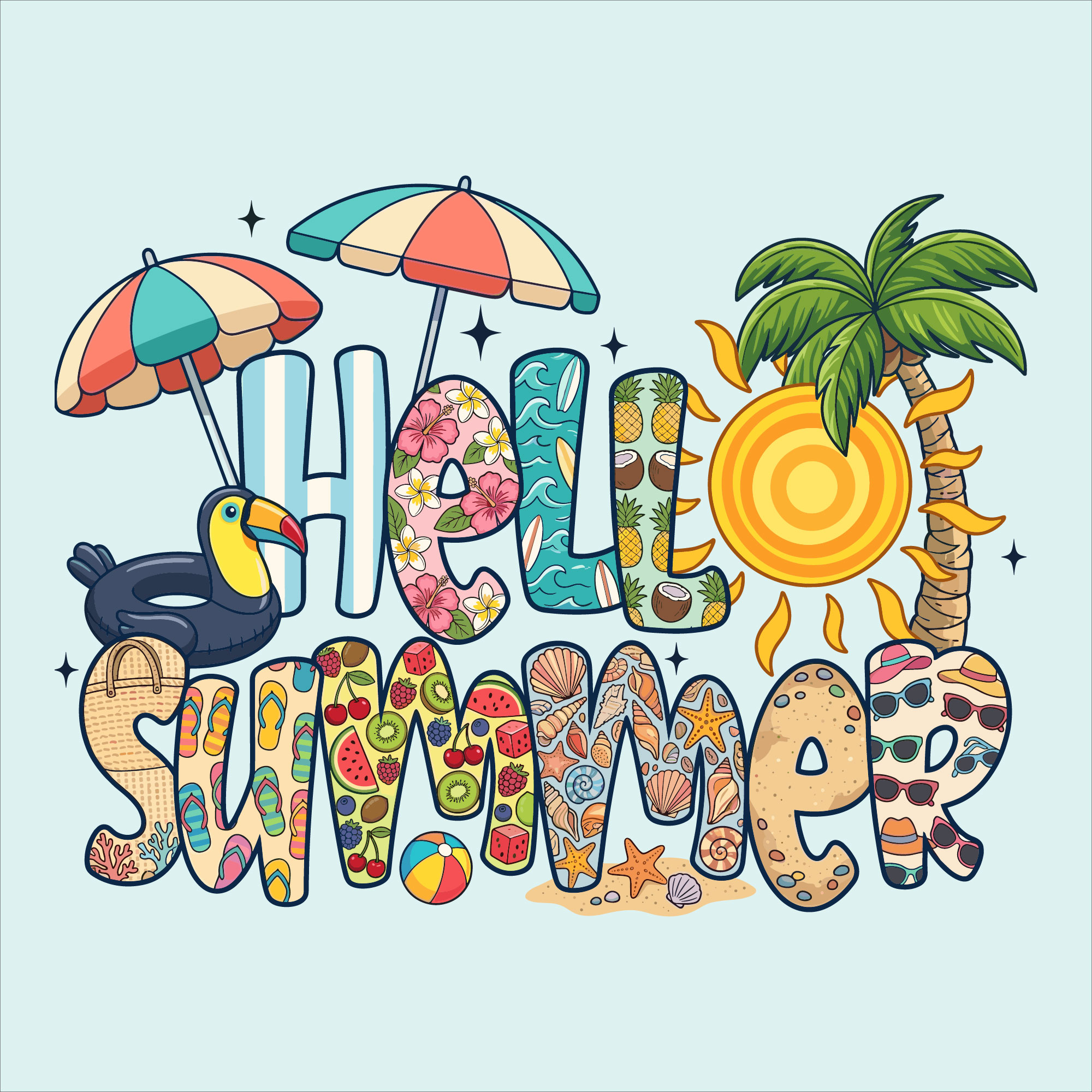 Vibrant Hello Summer typography graphic containing a palm tree, sun, toucan pool float, and beach elements