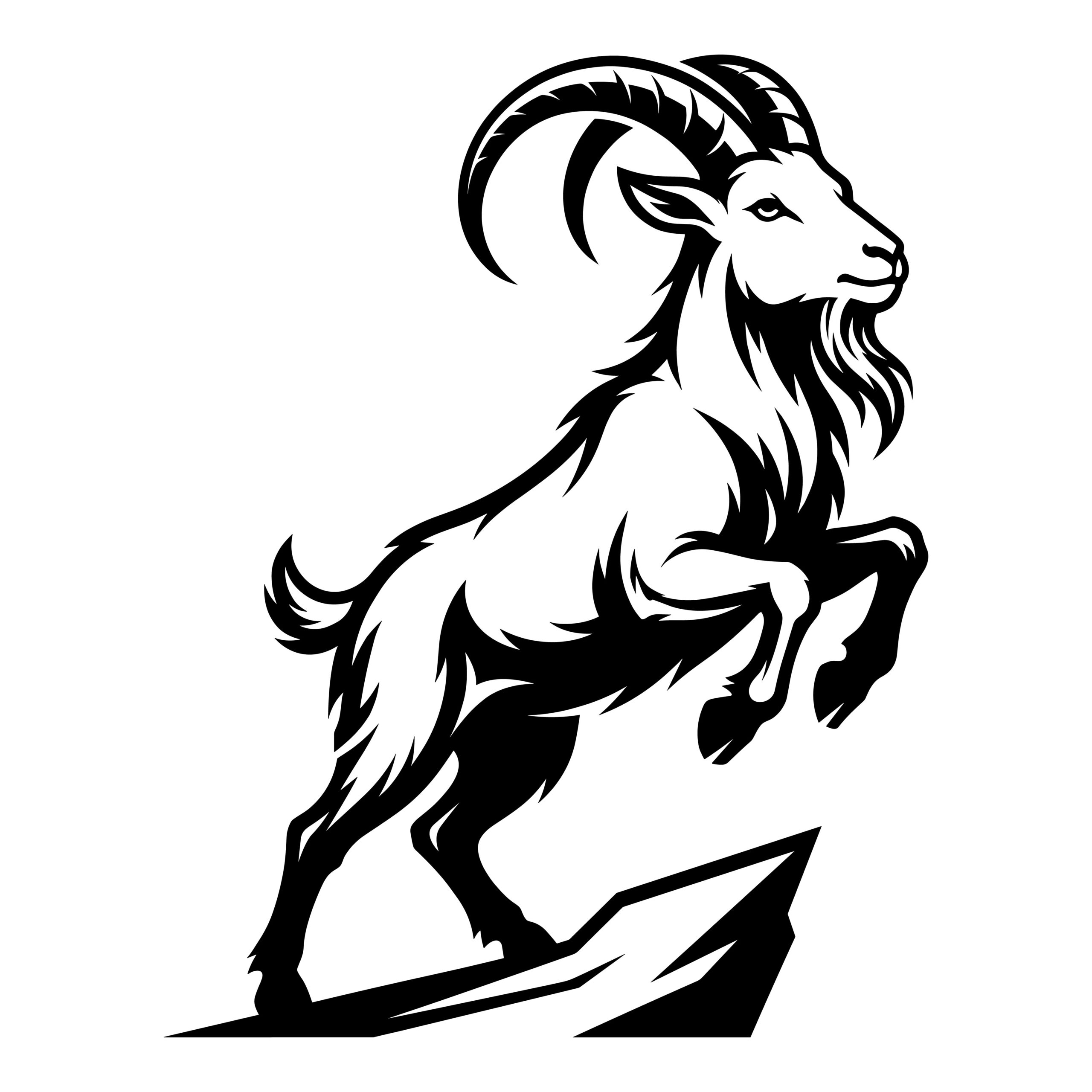 Black and white vector silhouette of a jumping mountain goat with large curved horns.