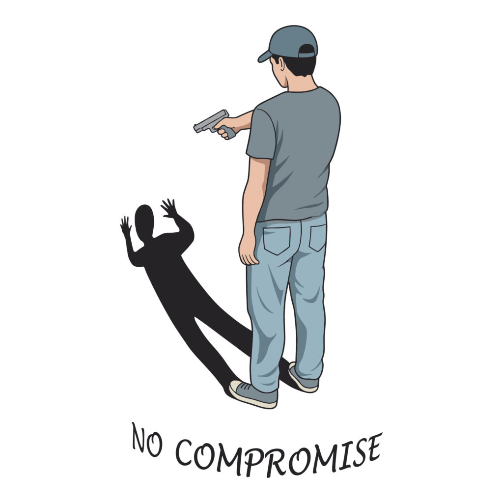 Flat conceptual vector illustration featuring an armed man pointing a weapon at a shadow figure accompanied by bold text reading no compromise