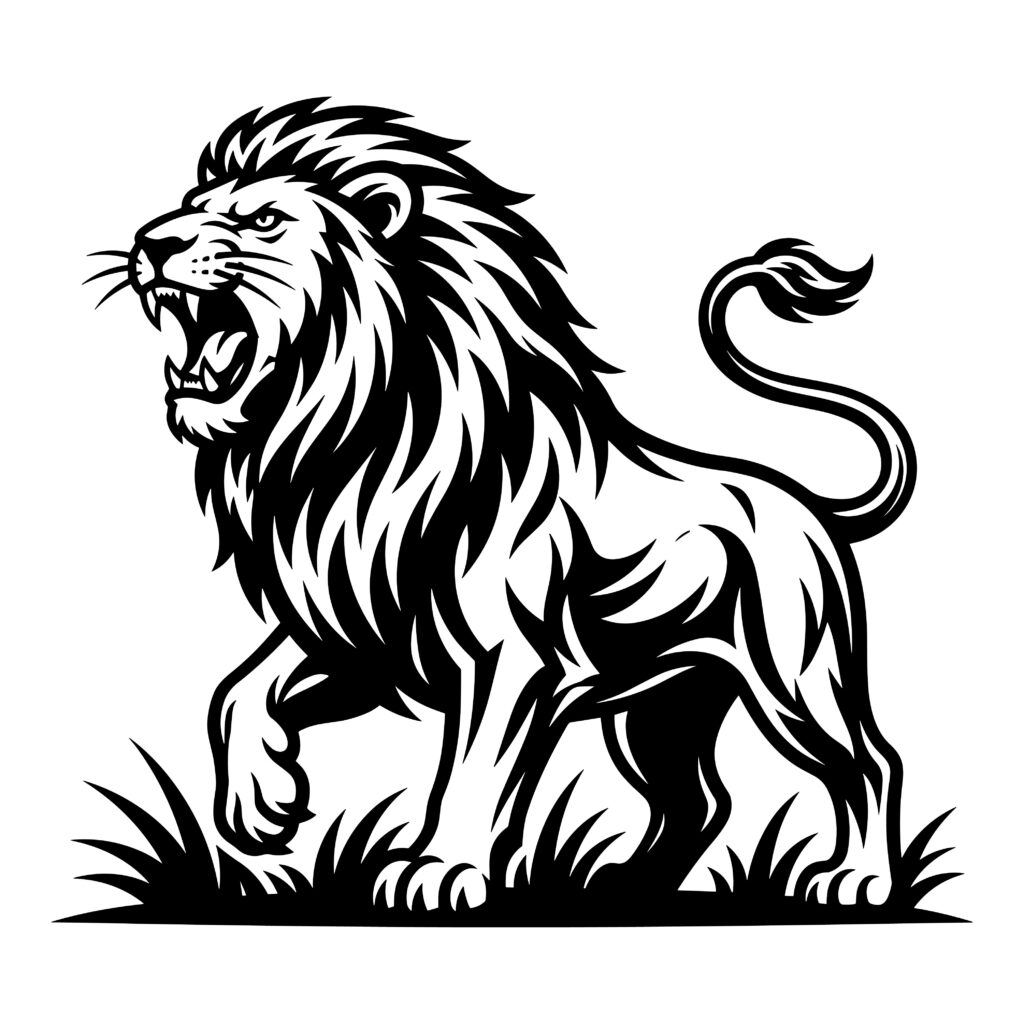 Black and white vector illustration of a fierce roaring lion walking
