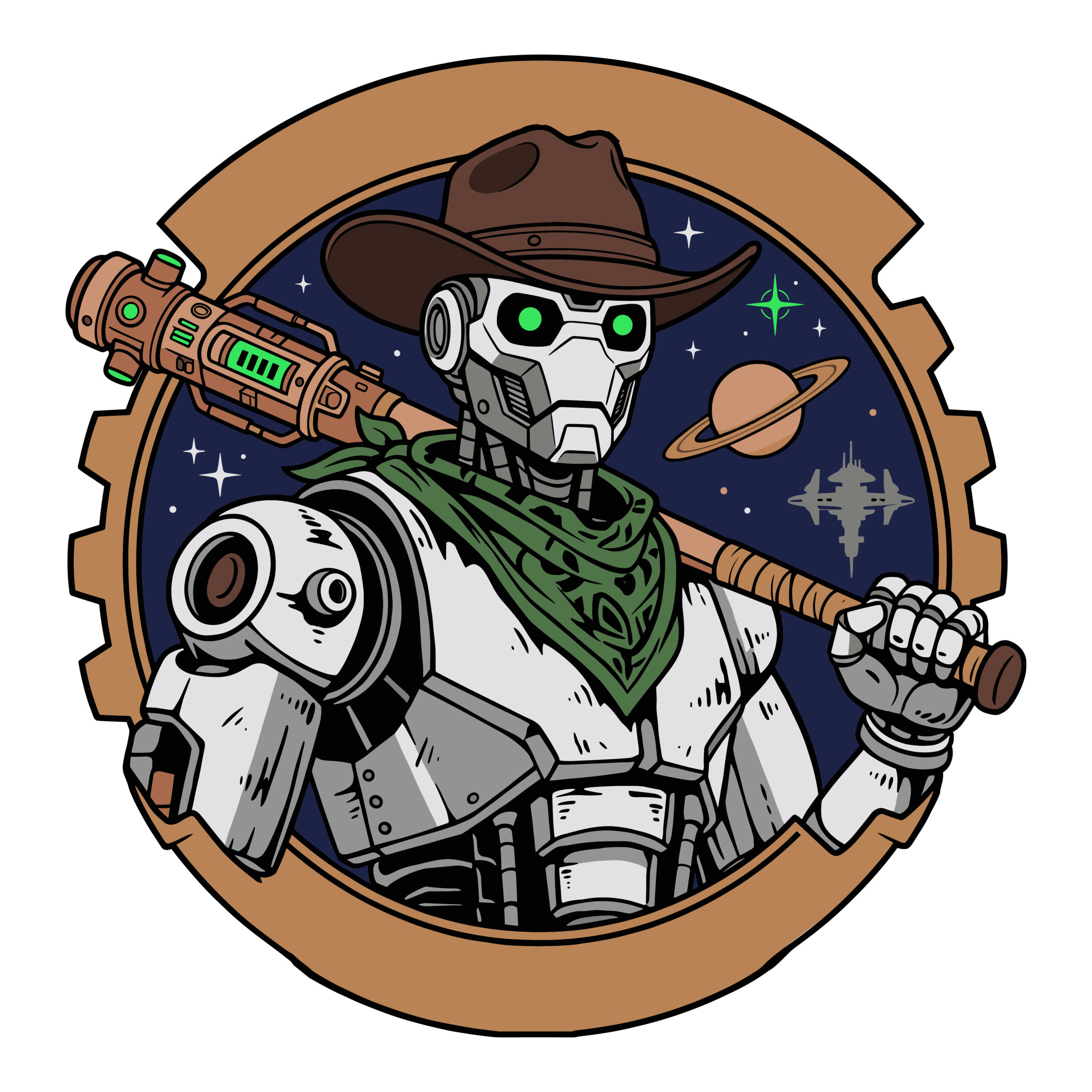 A retro-futuristic robot cowboy holding a futuristic bat in a space setting with planets and stars, framed inside a mechanical gear.