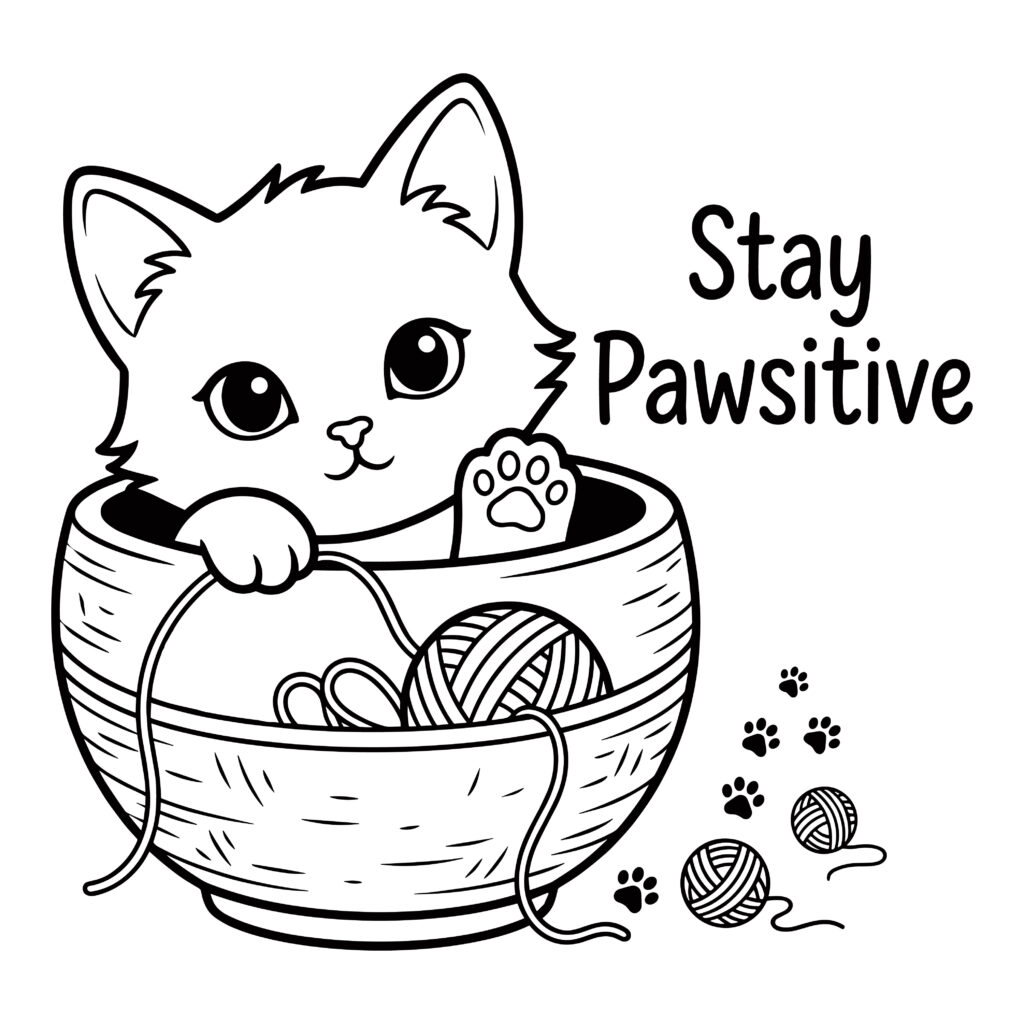 Black and white line art vector of a cute cat inside a yarn bowl with the text Stay Pawsitive