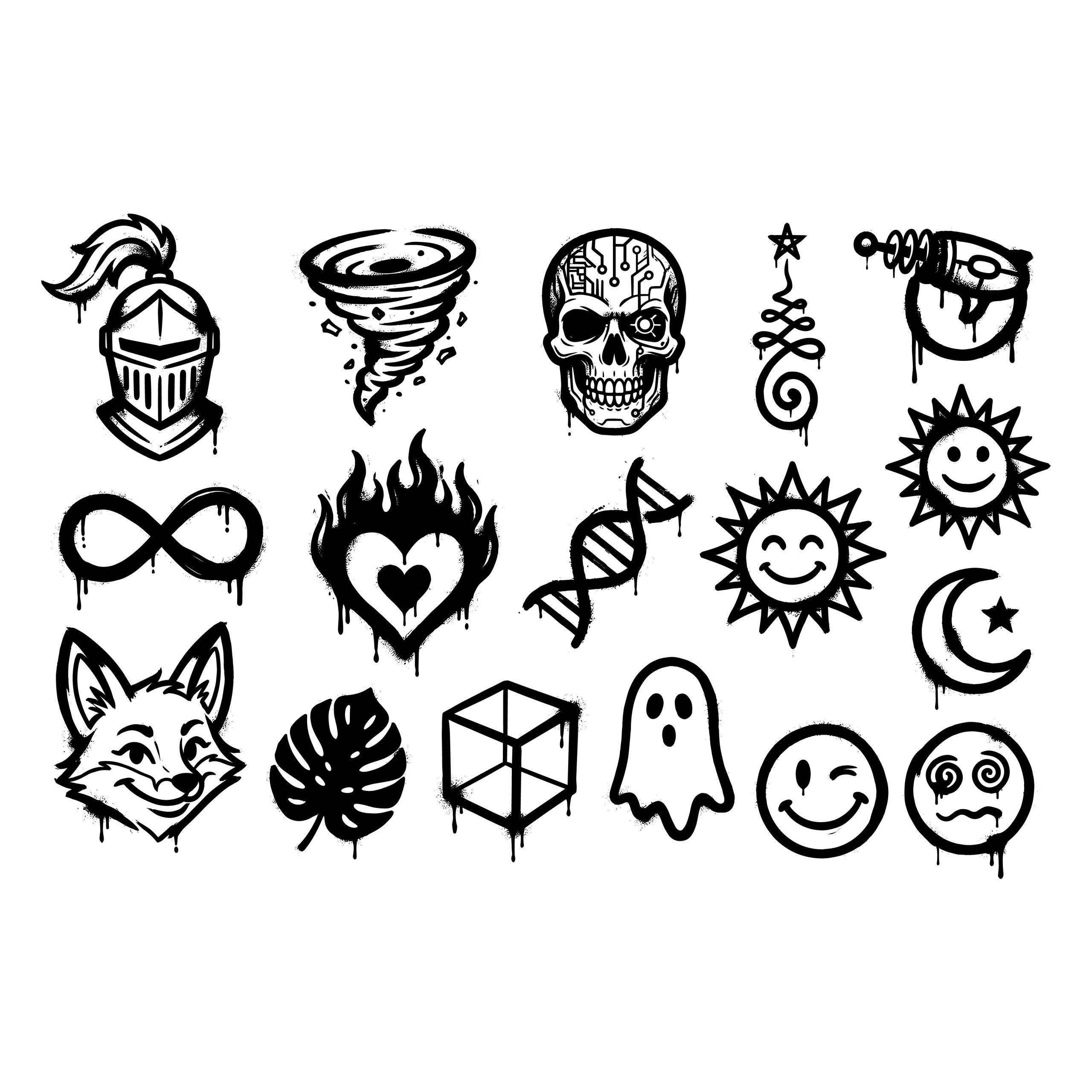 Black and white graffiti street art drip icons and flash tattoo designs including a cyber skull, flaming heart, ghost, and fox.