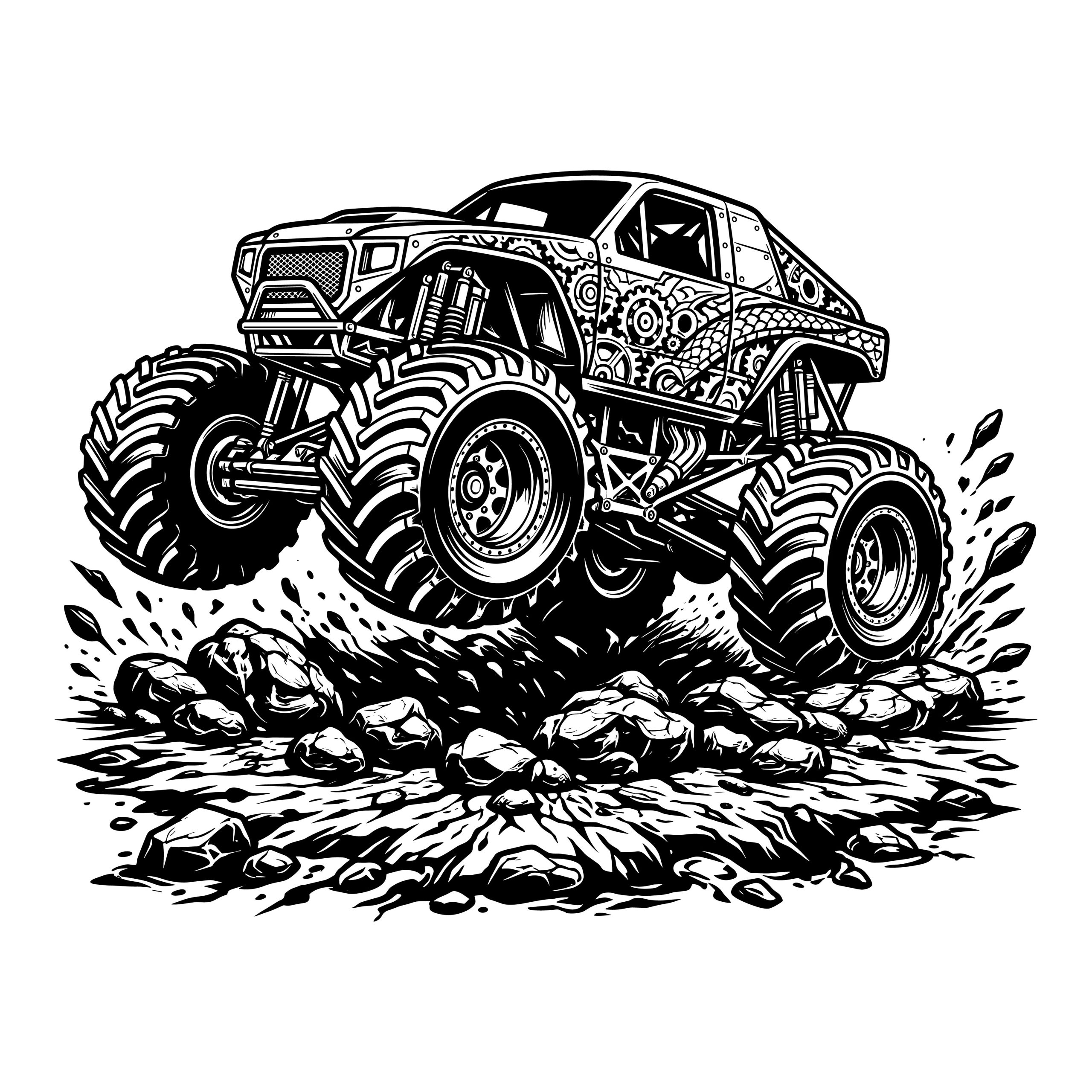 Highly detailed black and white monster truck vector jumping over mud and rocks