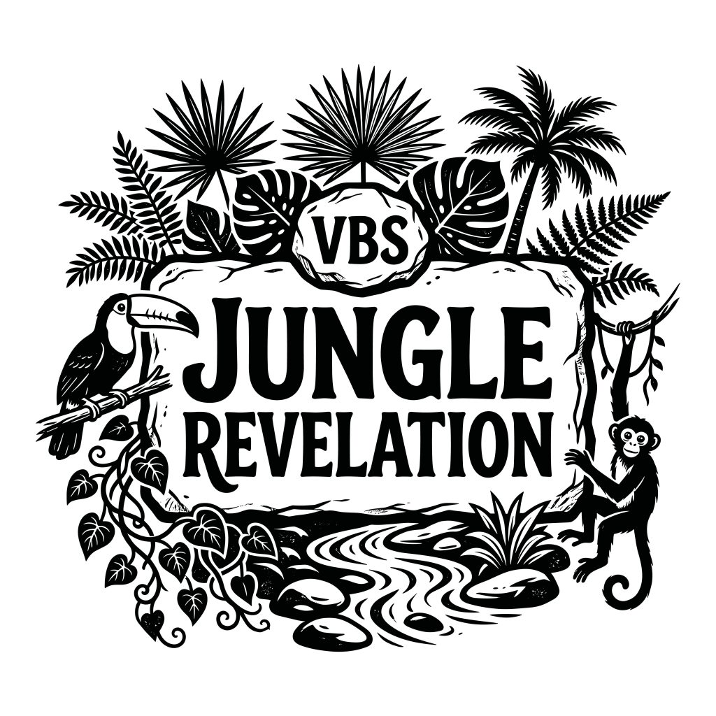 Black and white VBS Jungle Revelation vector illustration featuring tropical leaves, a monkey, a toucan, and a river.