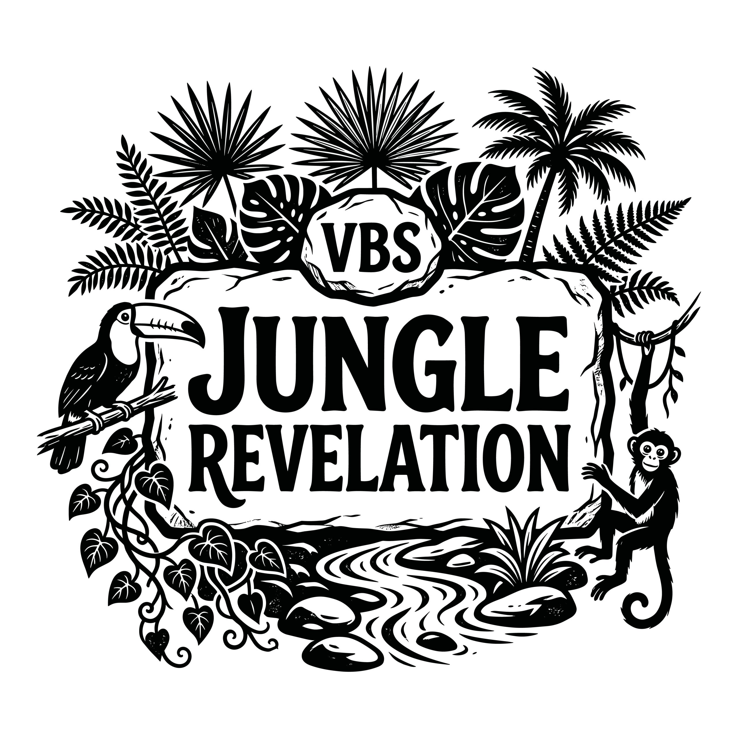 Black and white VBS Jungle Revelation vector illustration featuring tropical leaves, a monkey, a toucan, and a river.