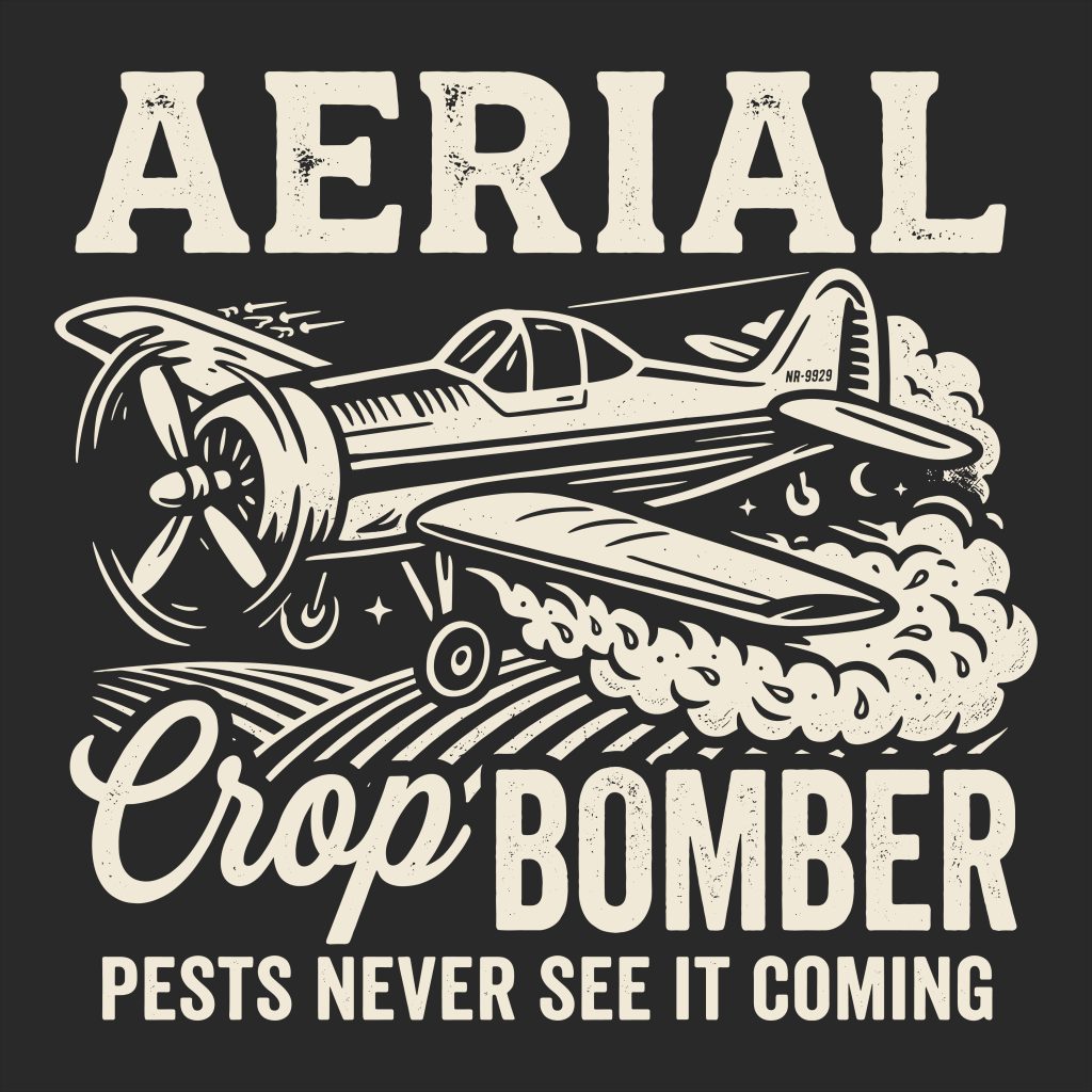 Vintage aerial crop bomber airplane illustration with bold distressed typography for t-shirt design and crafting