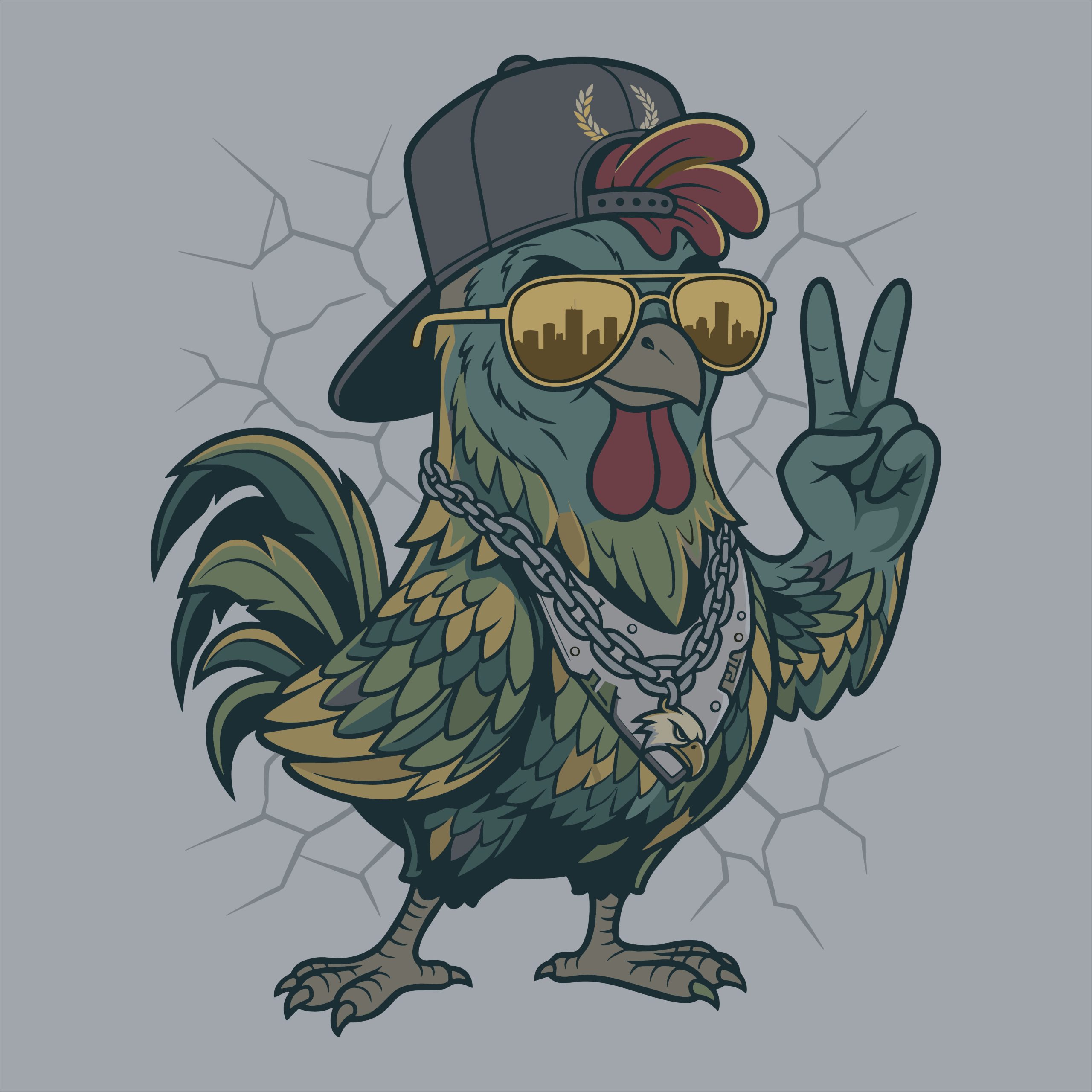 Cool hip hop rooster vector wearing a cap and sunglasses making a peace sign