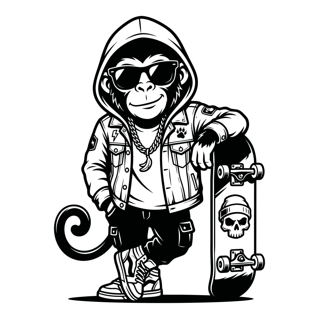 Black and white vector illustration of a cool monkey wearing sunglasses, a hoodie, and a chain, leaning on a skateboard with a skull decal.