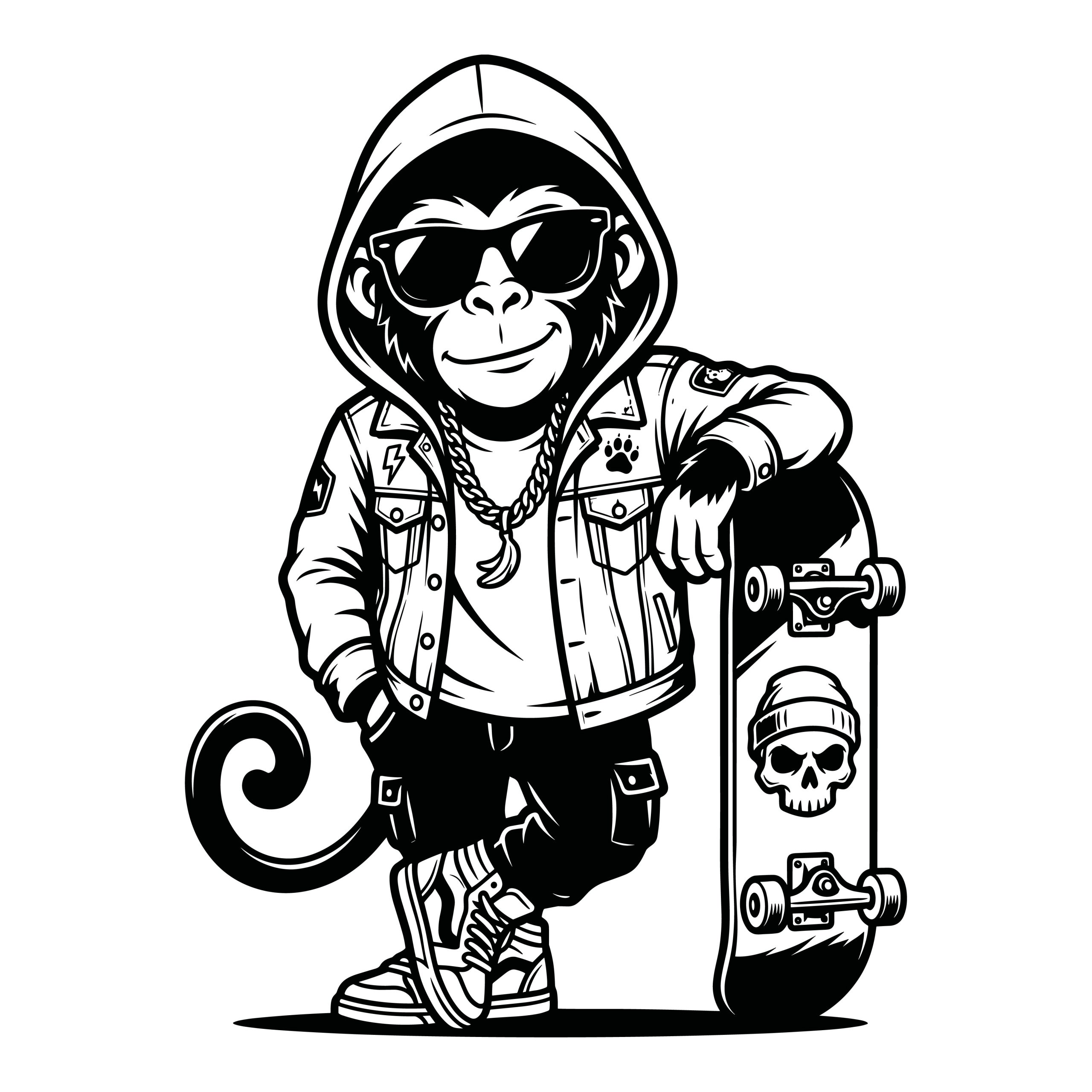 Black and white vector illustration of a cool monkey wearing sunglasses, a hoodie, and a chain, leaning on a skateboard with a skull decal.