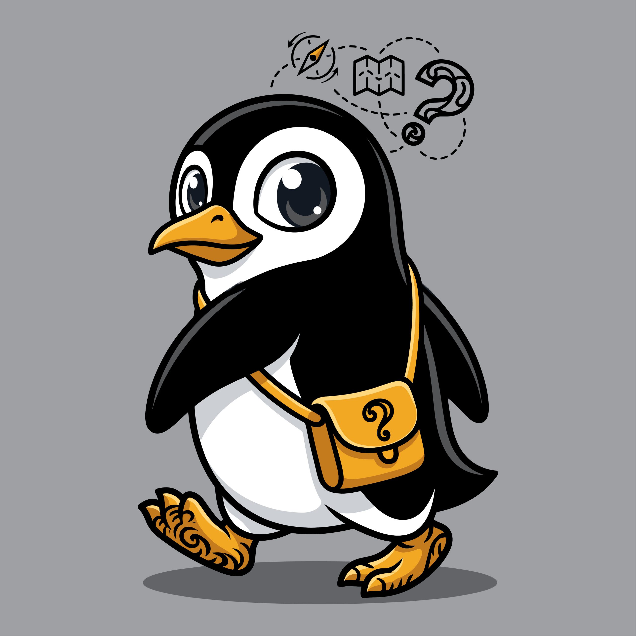 Cute cartoon explorer penguin walking with a yellow messenger bag, map, and compass