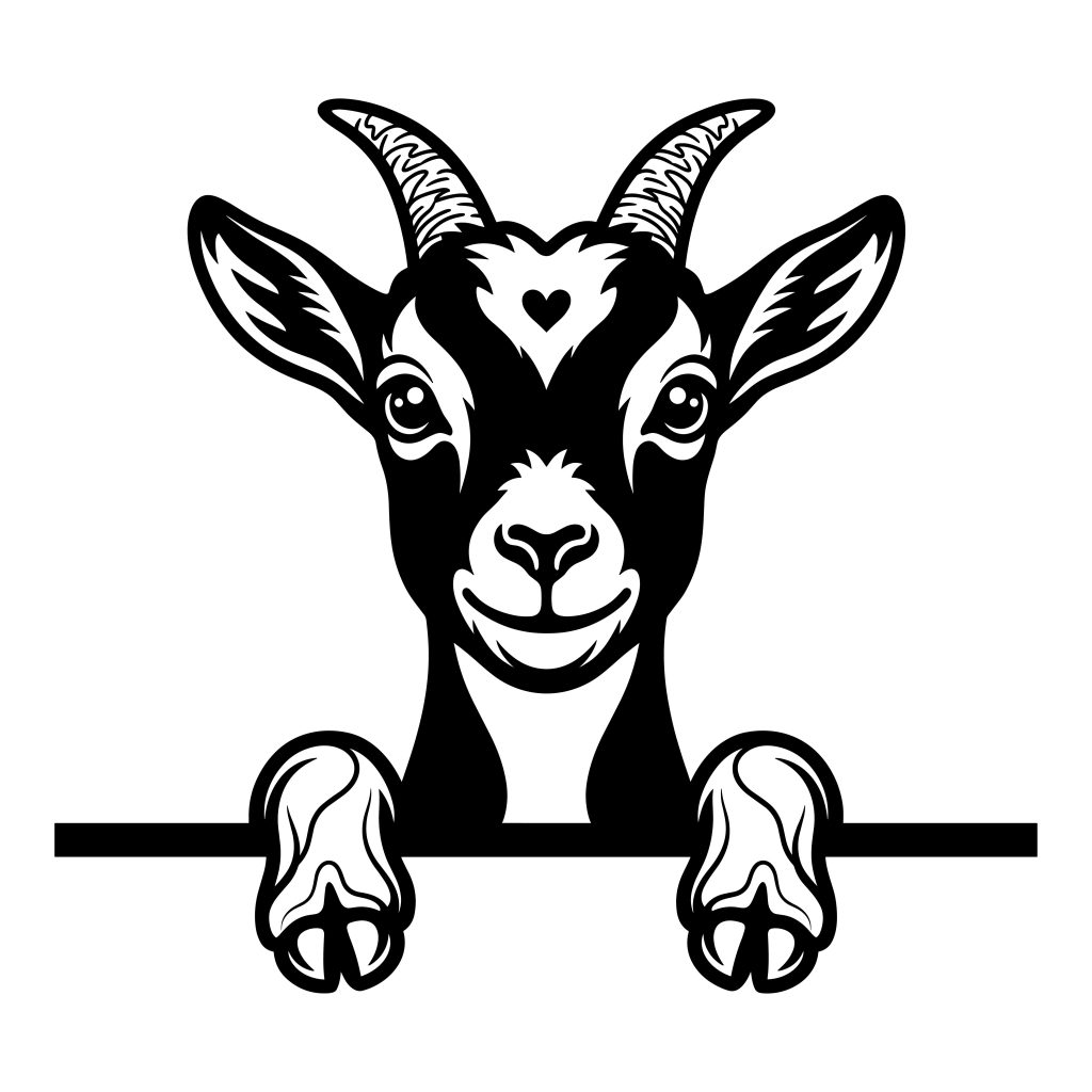 Black and white illustration of a cute peeking goat looking over a line border.