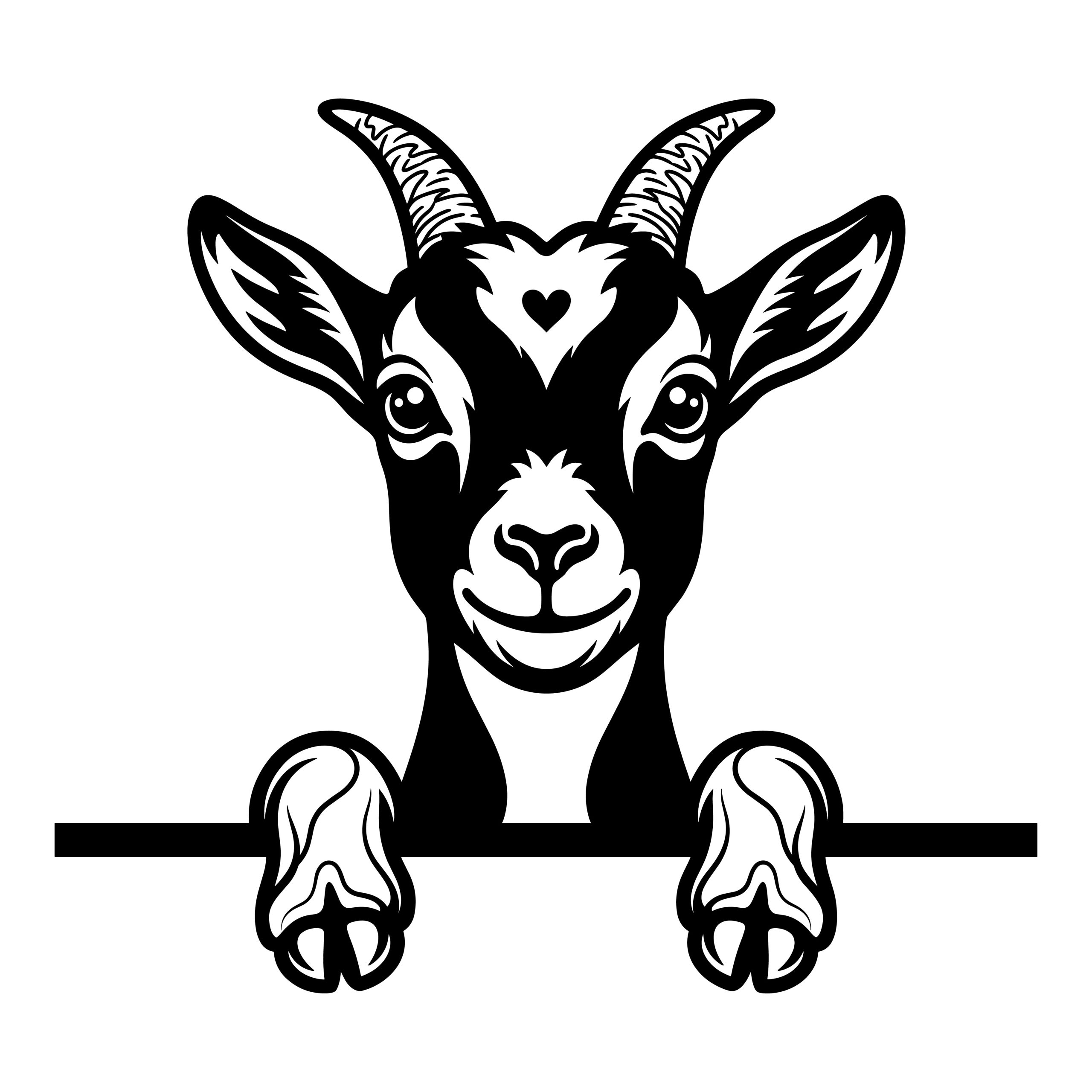 Black and white illustration of a cute peeking goat looking over a line border.