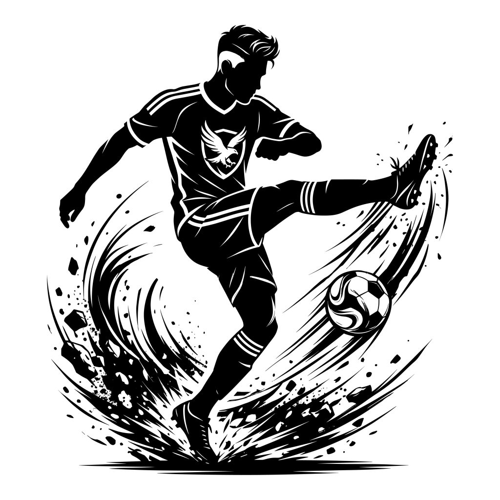 Black and white vector illustration of a dynamic soccer player kicking a ball with powerful motion lines and debris.