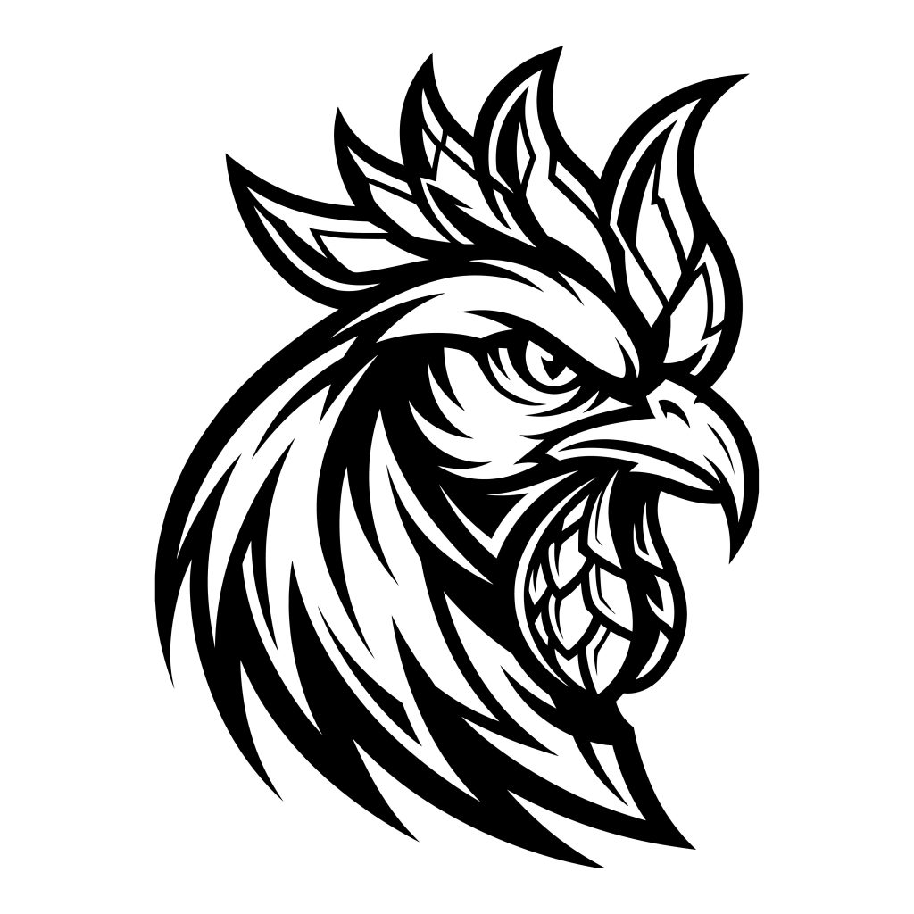 Black and white line art vector illustration of a fierce rooster mascot head.