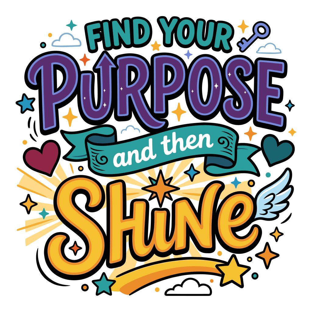 Colorful retro typography design that says Find your purpose and then shine with stars and wings free SVG cut file