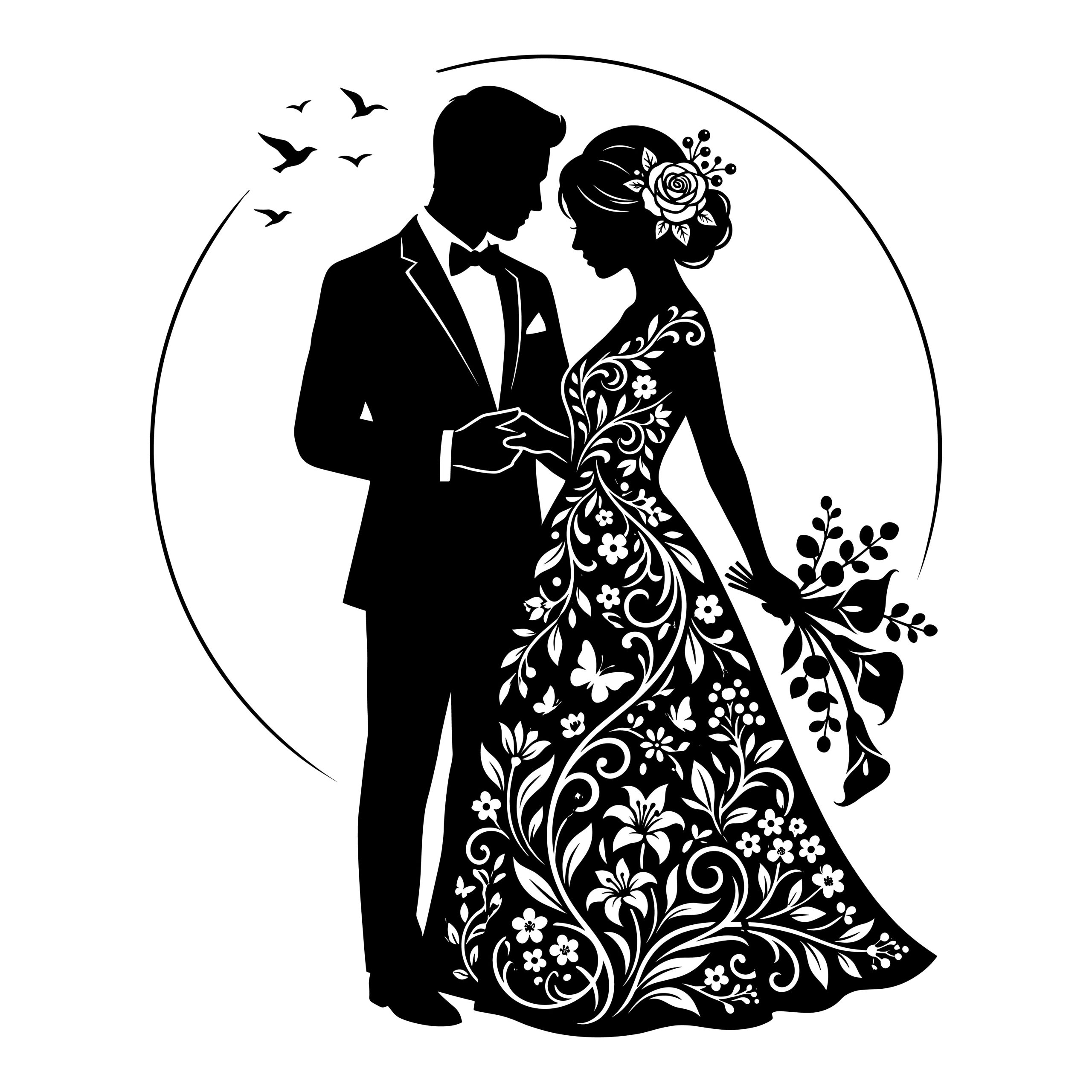 Black and white silhouette of a bride in a floral dress and a groom in a tuxedo, designed for wedding SVG cut files.