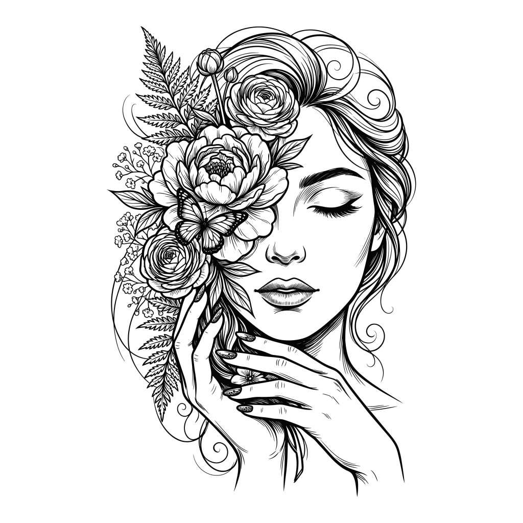 Black and white floral woman portrait SVG featuring a female face with blooming flowers and a butterfly.