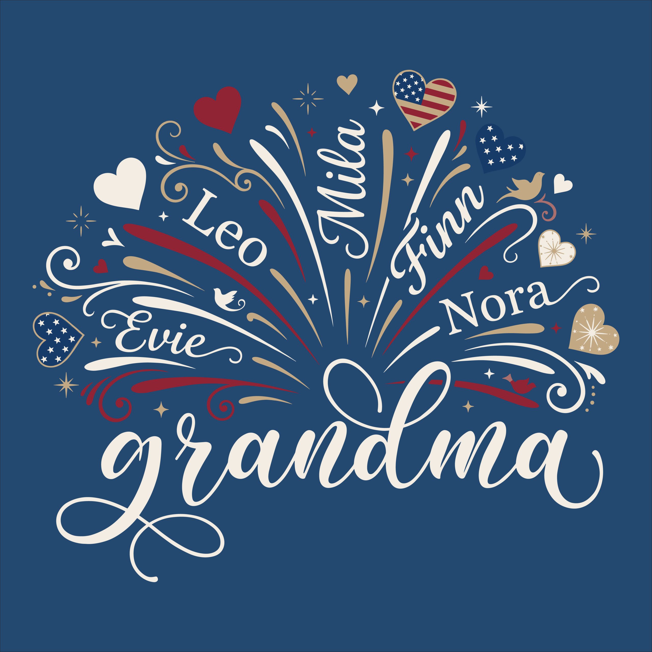 Free 4th of July Grandma fireworks SVG design with red, white, and blue patriotic elements and space for custom grandchildren names.