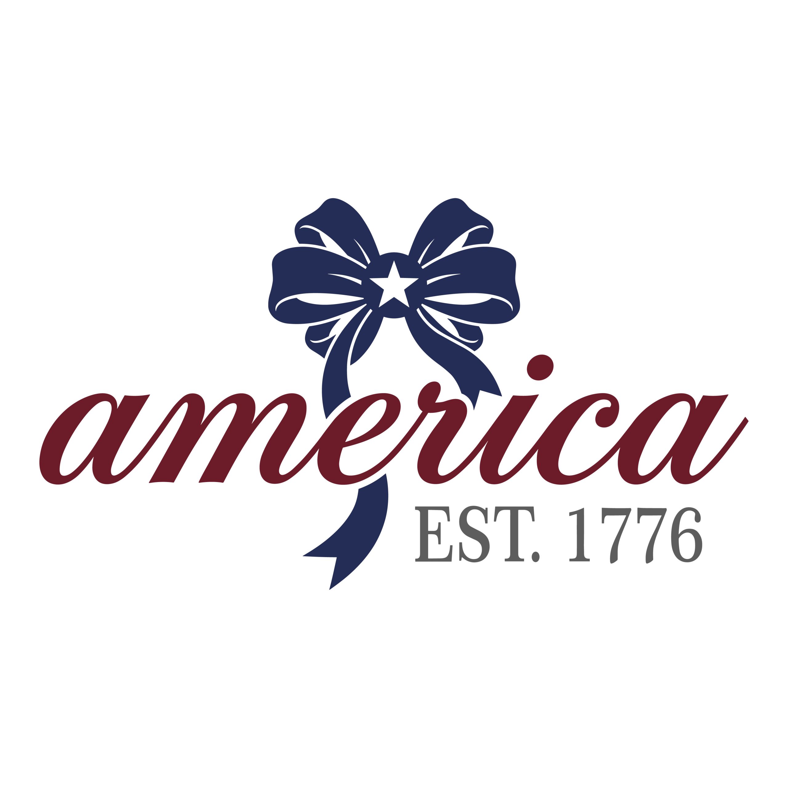 America Est 1776 text featuring a blue patriotic ribbon bow and star vector graphic.