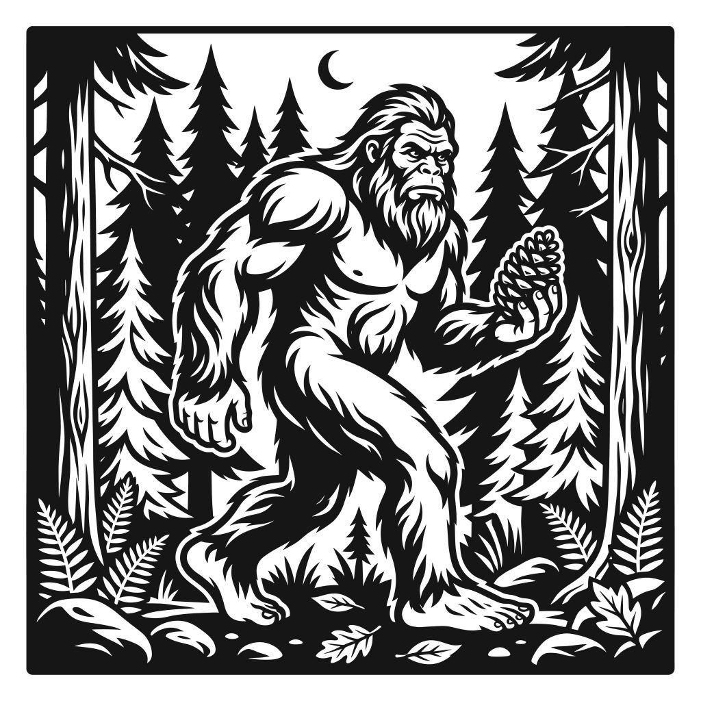 Black and white vector illustration of Bigfoot walking in a pine forest under a crescent moon holding a pinecone.
