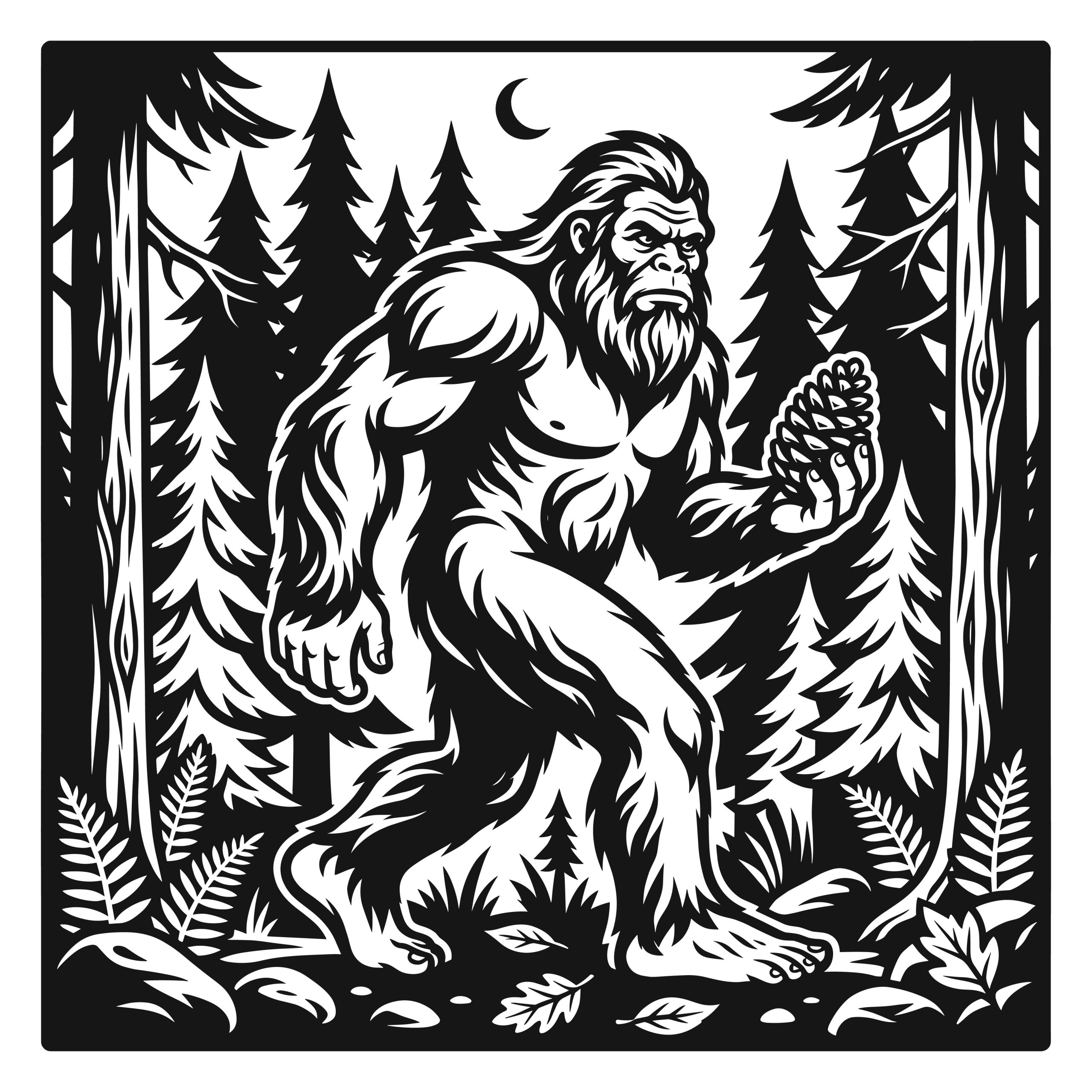 Black and white vector illustration of Bigfoot walking in a pine forest under a crescent moon holding a pinecone.