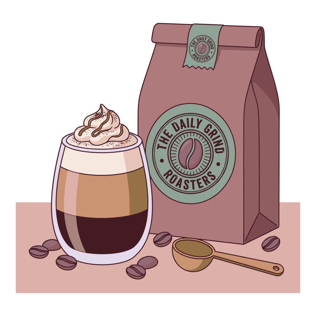 Free coffee roasters bag and layered iced coffee vector illustration SVG