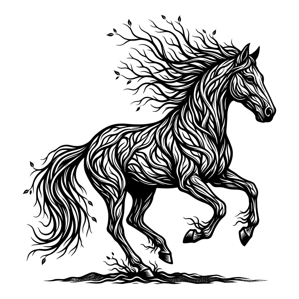 Free floral horse SVG black and white vector line art silhouette of a running wild mustang with a flowing tree branch mane.