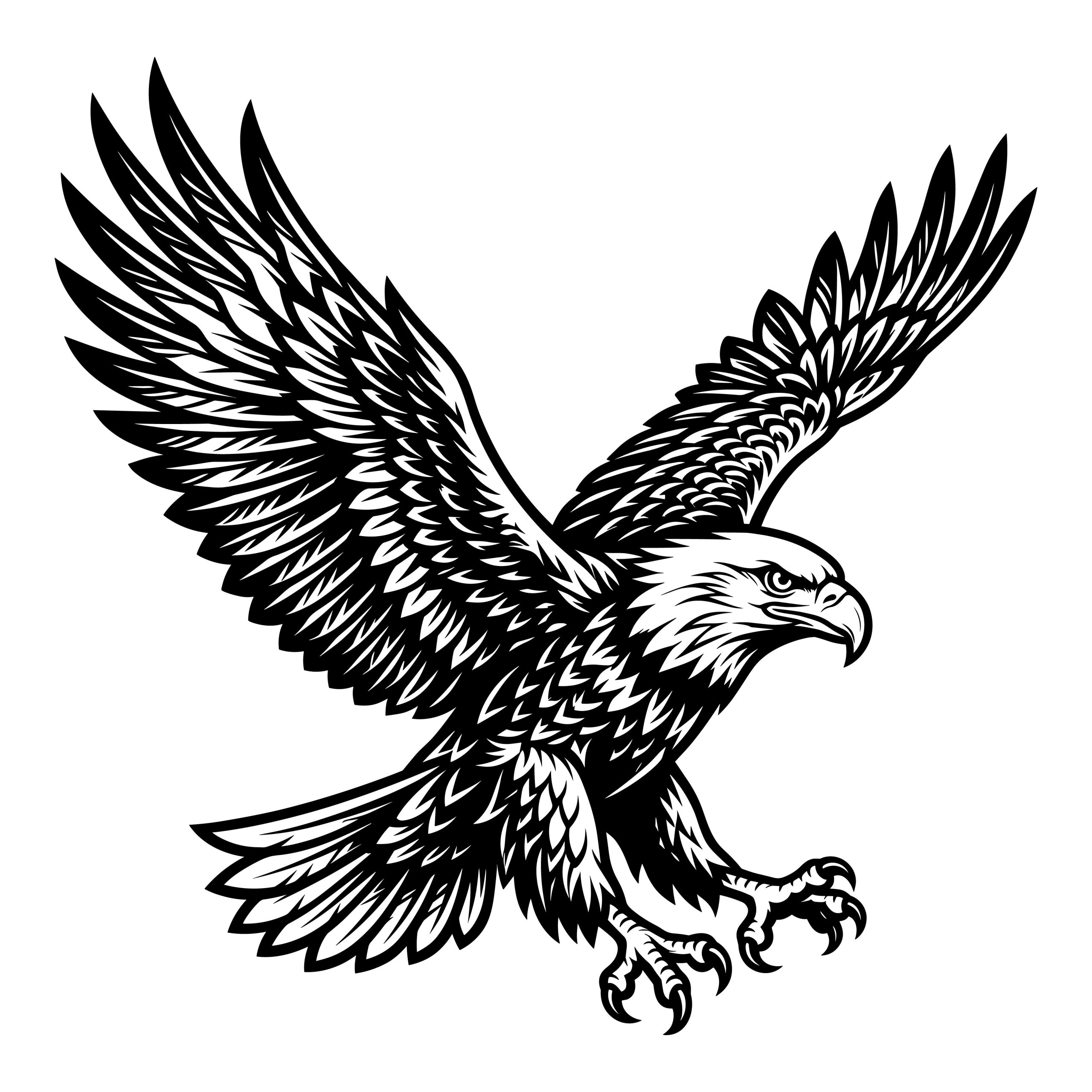 Black and white flying bald eagle vector illustration with extended talons