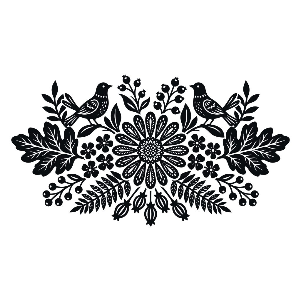 Black and white symmetrical folk art illustration featuring two birds, a central blooming flower, leaves, and berries.