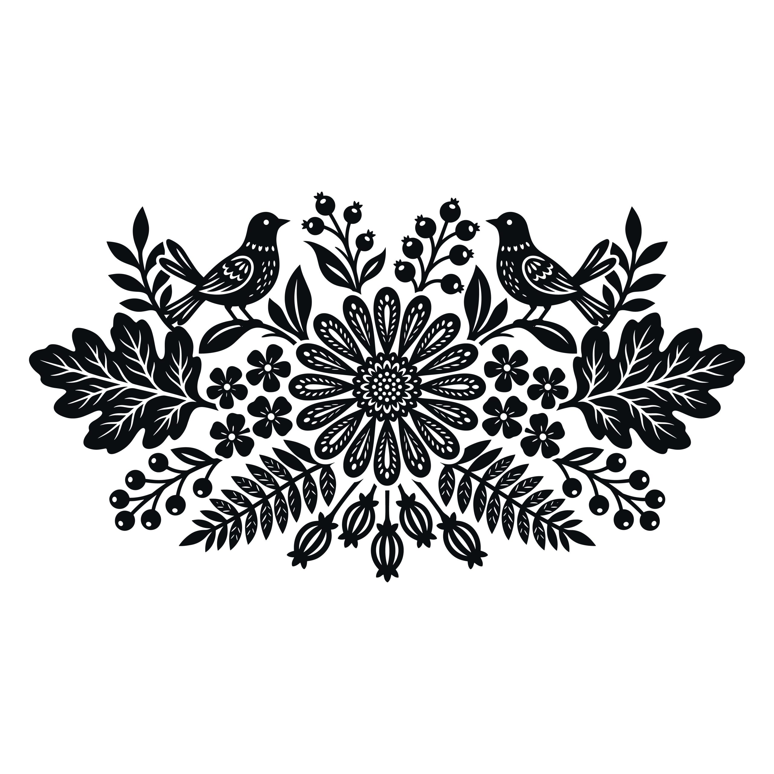 Black and white symmetrical folk art illustration featuring two birds, a central blooming flower, leaves, and berries.