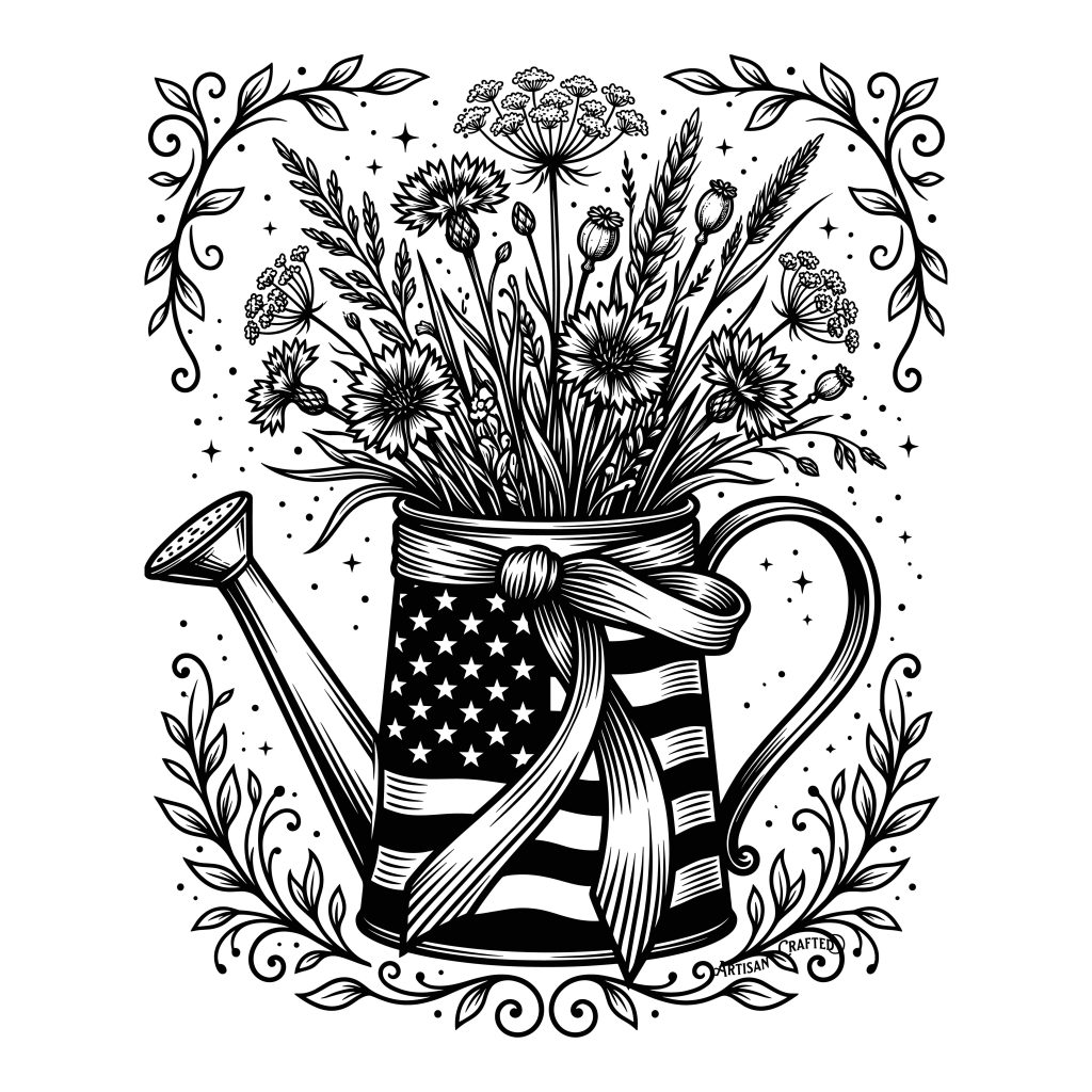 Black and white line art of a Patriotic Watering Can SVG with an American flag pattern, filled with wildflowers and tied with a ribbon.