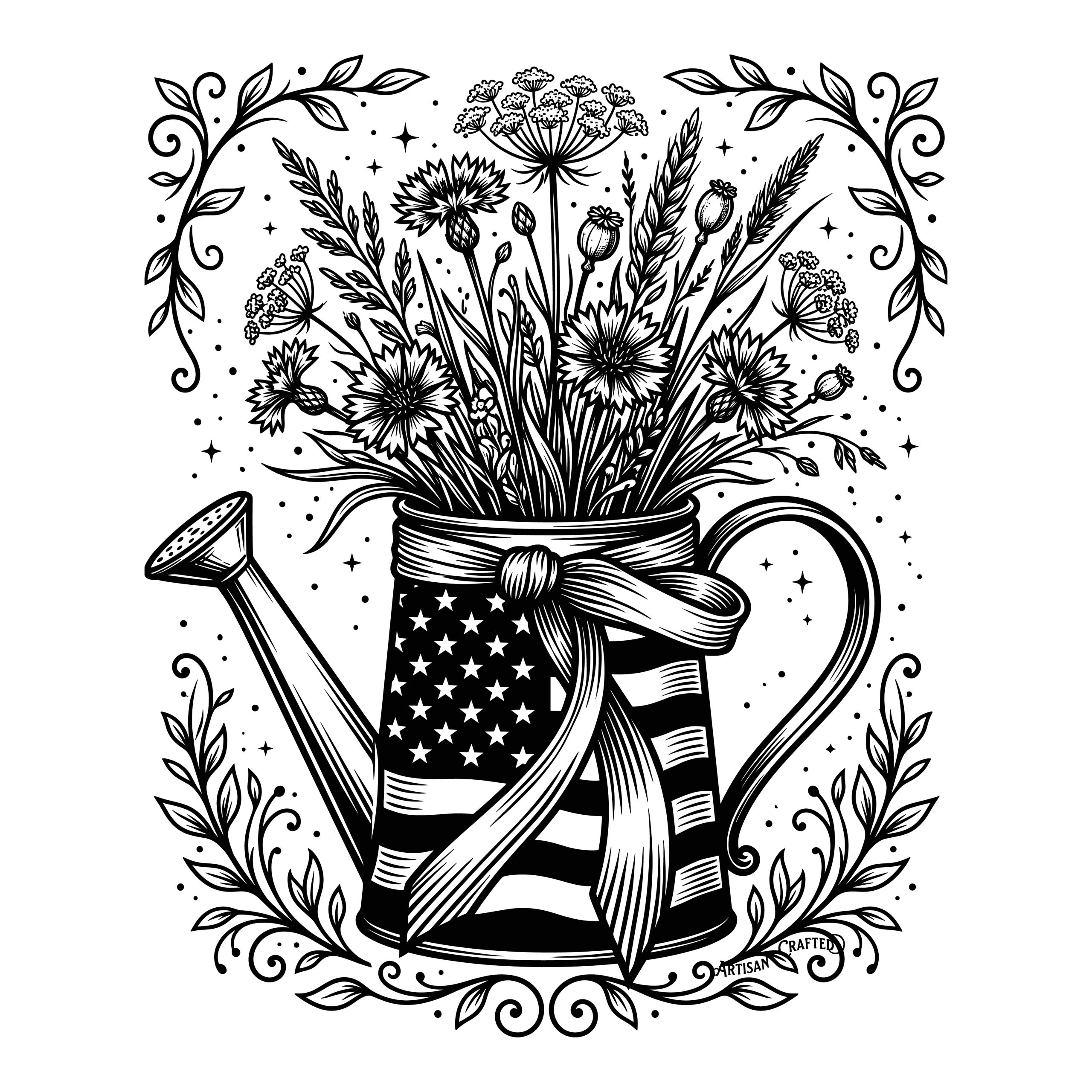 Black and white line art of a Patriotic Watering Can SVG with an American flag pattern, filled with wildflowers and tied with a ribbon.