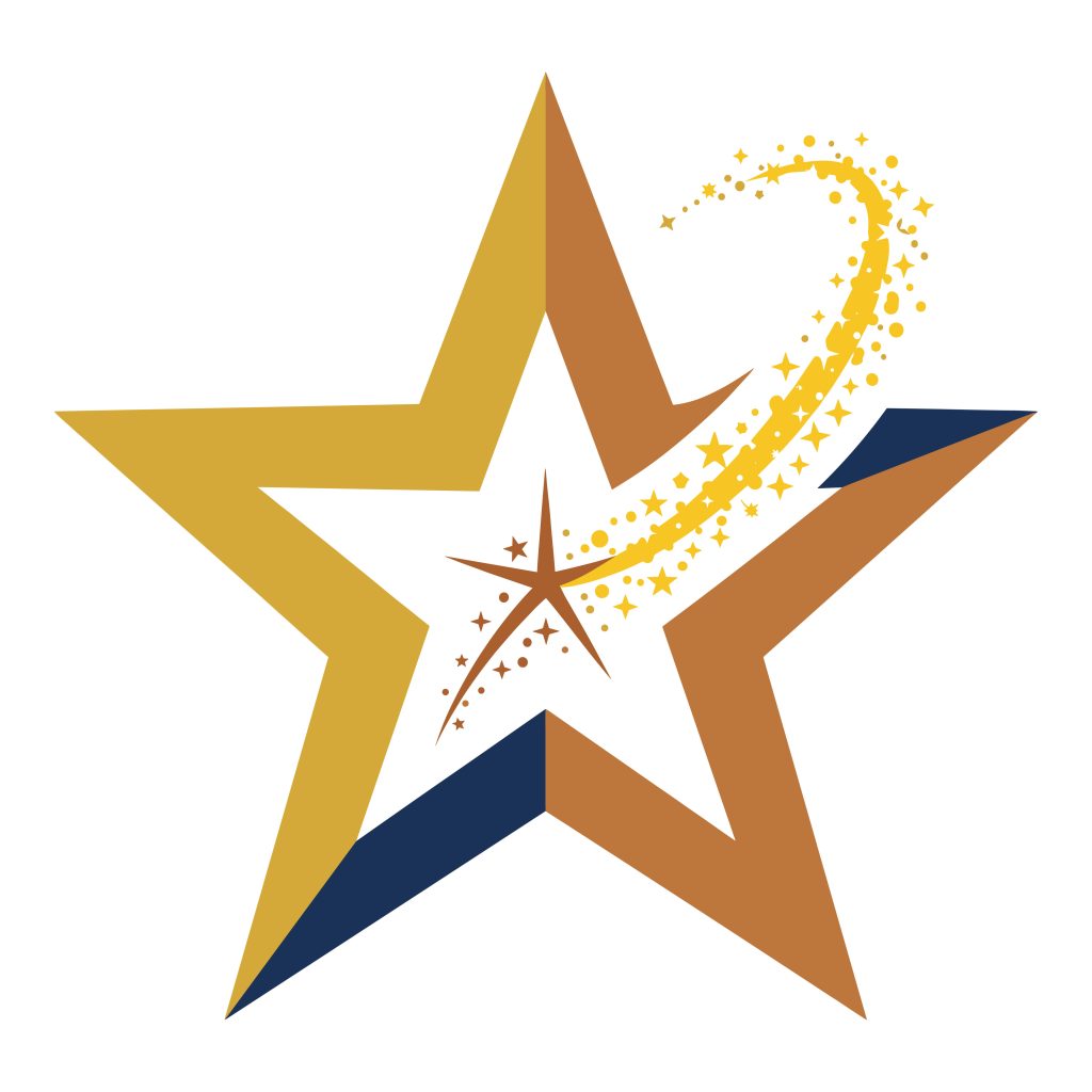 Free gold and navy blue shooting star vector illustration with a sparkling trail on a white background.