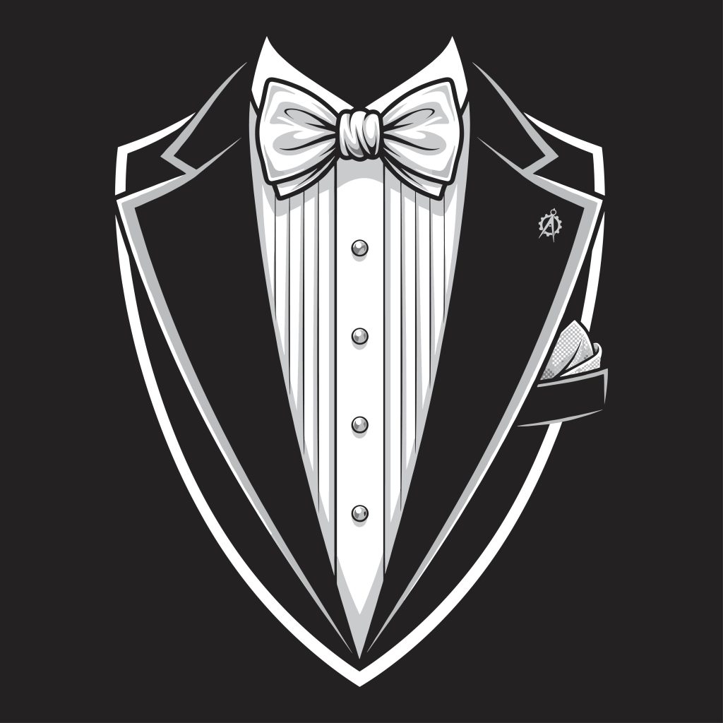 Classic black and white tuxedo jacket with a bow tie and pocket square vector illustration